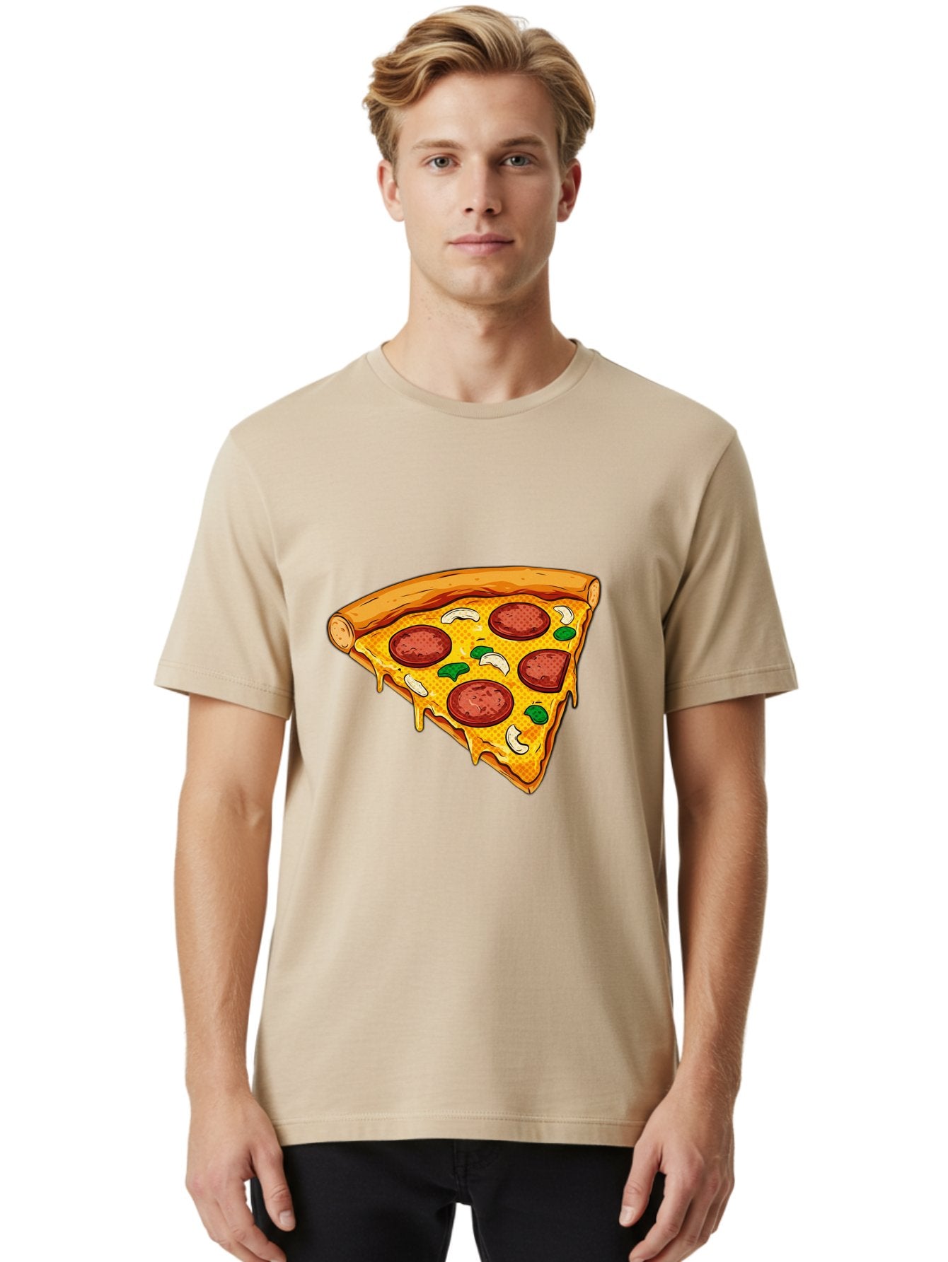 Pizza-Slice-28 Men'S Graphic Tee, 100% Cotton, Comfortable Casual Summer Wear, Machine Washable, Pepperoni Pizza, Melted Cheese, Green Peppers, Cashew Nuts, Italian Food, Cartoon Style, Food Illustration, Tasty Pizza, Savory Toppings, Bac289 29