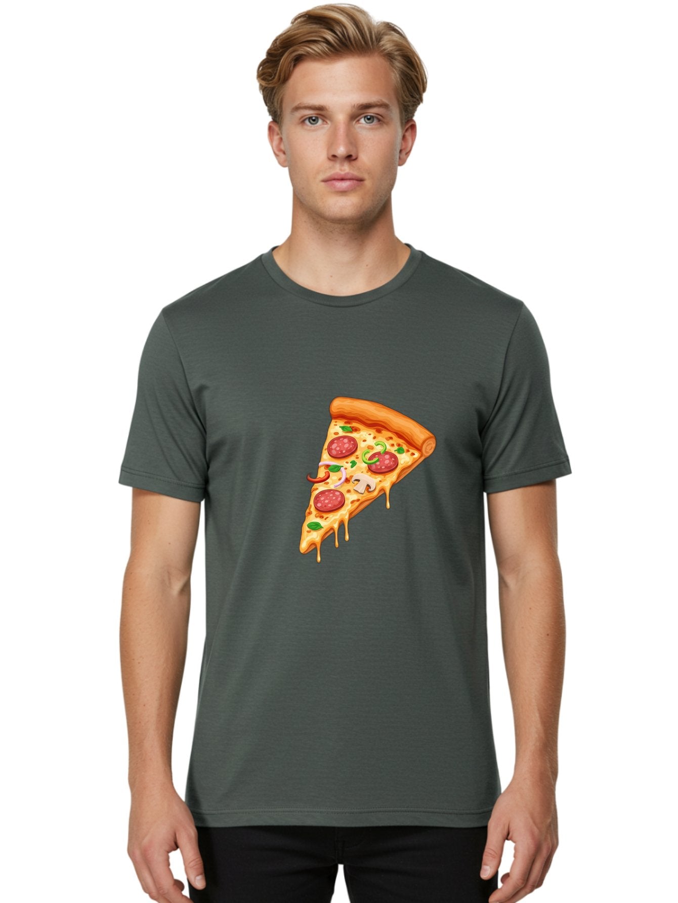 Pizza-Slice-31 Men'S Graphic Tee, 100% Cotton, Comfortable Casual Summer Wear, Machine Washable, Pepperoni Pizza Slice, Melted Cheese, Pepperoni Slices, Mushroom, Green Peppers, Italian Cuisine, Food Illustration, Cartoon Style Bac293 24