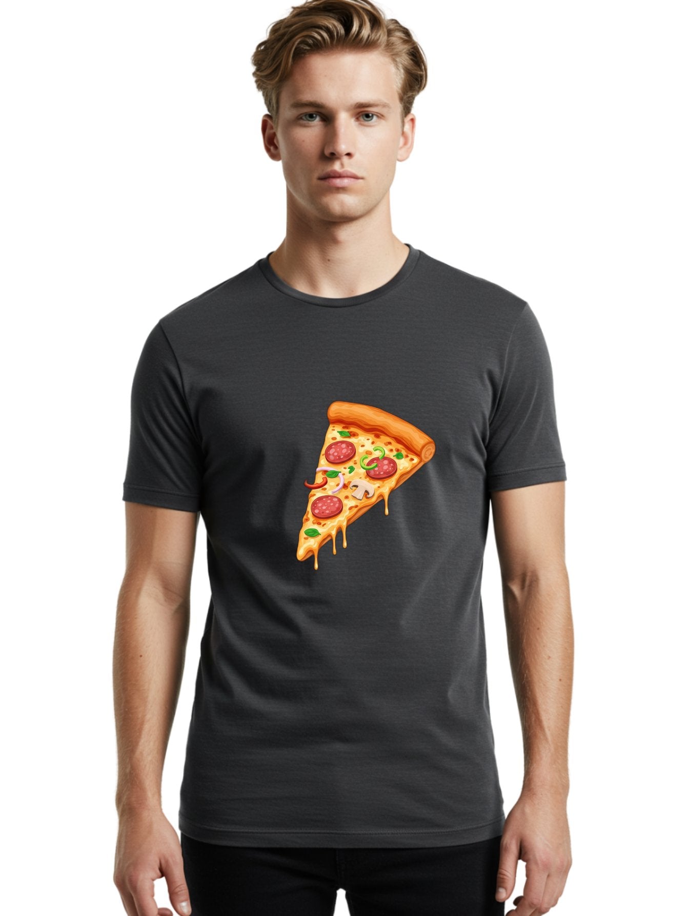 Pizza-Slice-31 Men'S Graphic Tee, 100% Cotton, Comfortable Casual Summer Wear, Machine Washable, Pepperoni Pizza Slice, Melted Cheese, Pepperoni Slices, Mushroom, Green Peppers, Italian Cuisine, Food Illustration, Cartoon Style Bac293 29