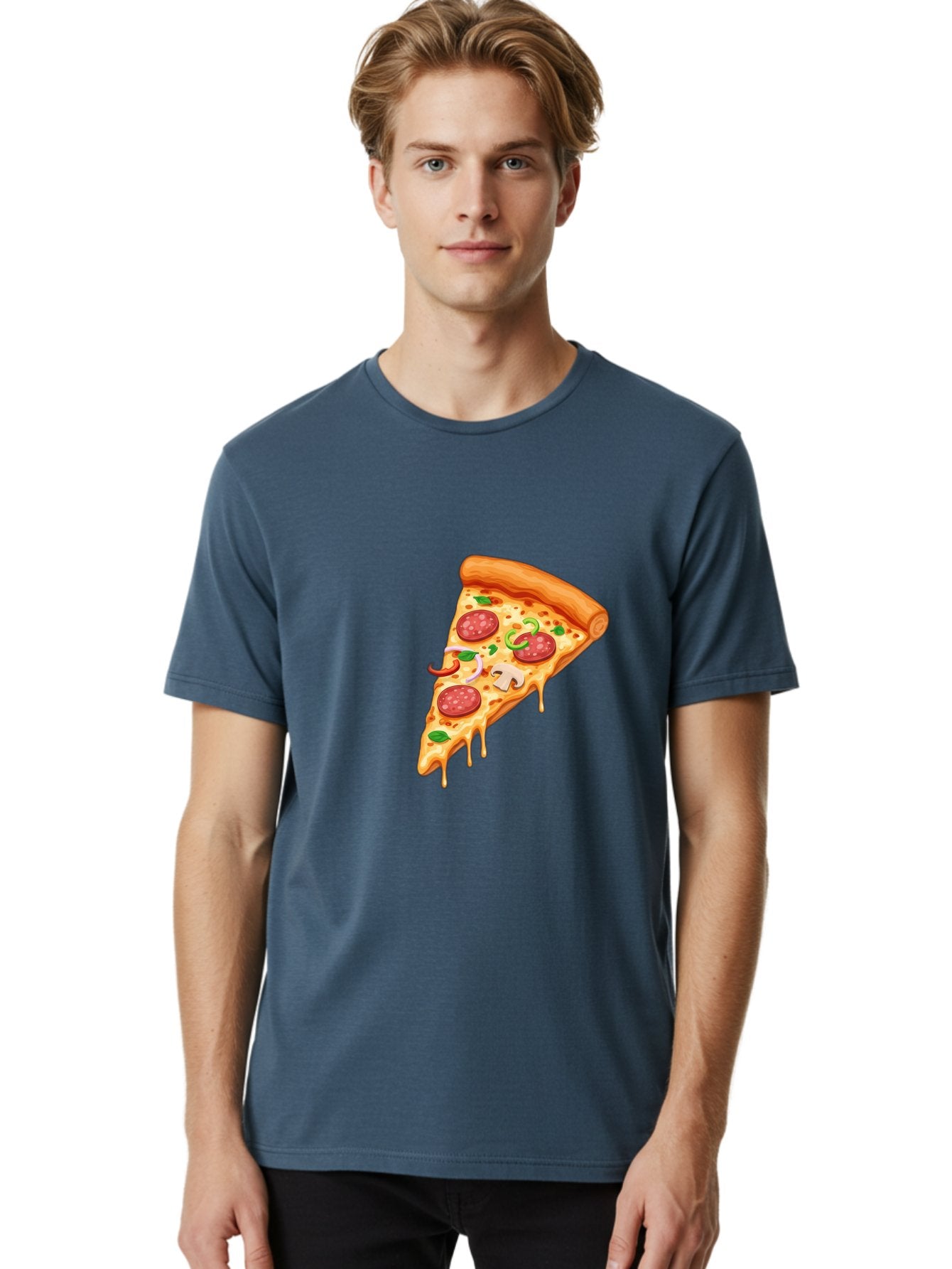 Pizza-Slice-31 Men'S Graphic Tee, 100% Cotton, Comfortable Casual Summer Wear, Machine Washable, Pepperoni Pizza Slice, Melted Cheese, Pepperoni Slices, Mushroom, Green Peppers, Italian Cuisine, Food Illustration, Cartoon Style Bac293 28