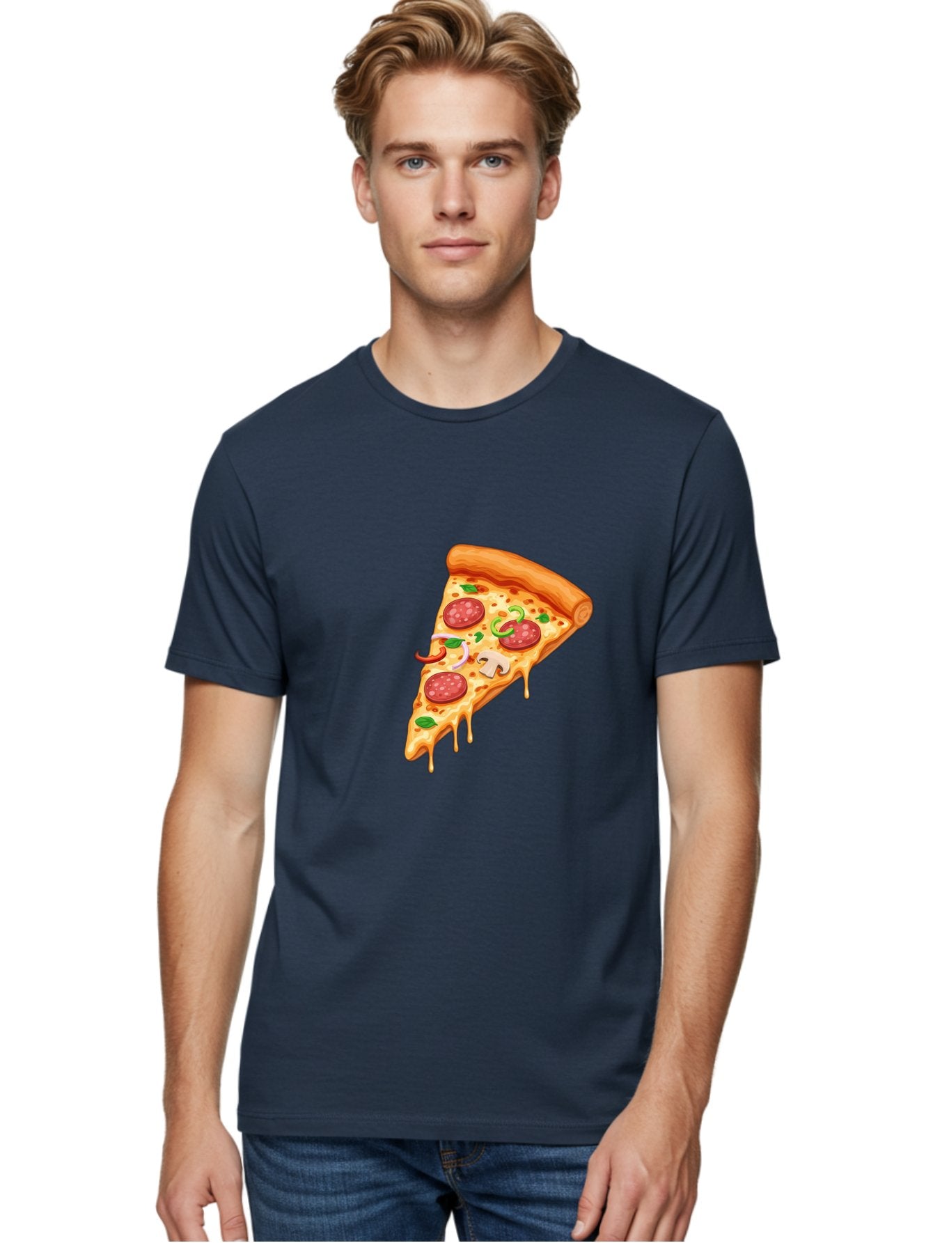Pizza-Slice-31 Men'S Graphic Tee, 100% Cotton, Comfortable Casual Summer Wear, Machine Washable, Pepperoni Pizza Slice, Melted Cheese, Pepperoni Slices, Mushroom, Green Peppers, Italian Cuisine, Food Illustration, Cartoon Style Bac293 27