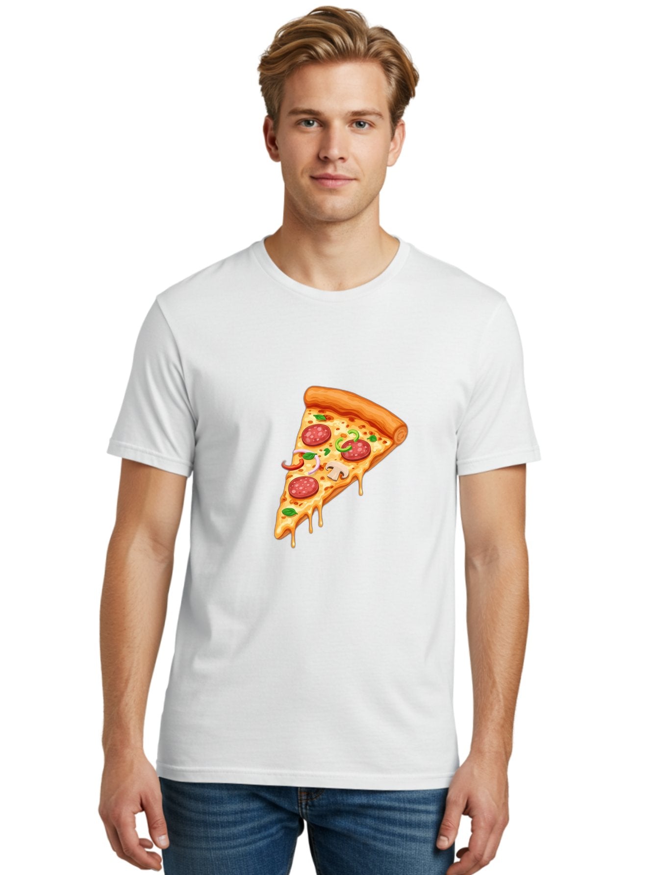 Pizza-Slice-31 Men'S Graphic Tee, 100% Cotton, Comfortable Casual Summer Wear, Machine Washable, Pepperoni Pizza Slice, Melted Cheese, Pepperoni Slices, Mushroom, Green Peppers, Italian Cuisine, Food Illustration, Cartoon Style Bac293 22