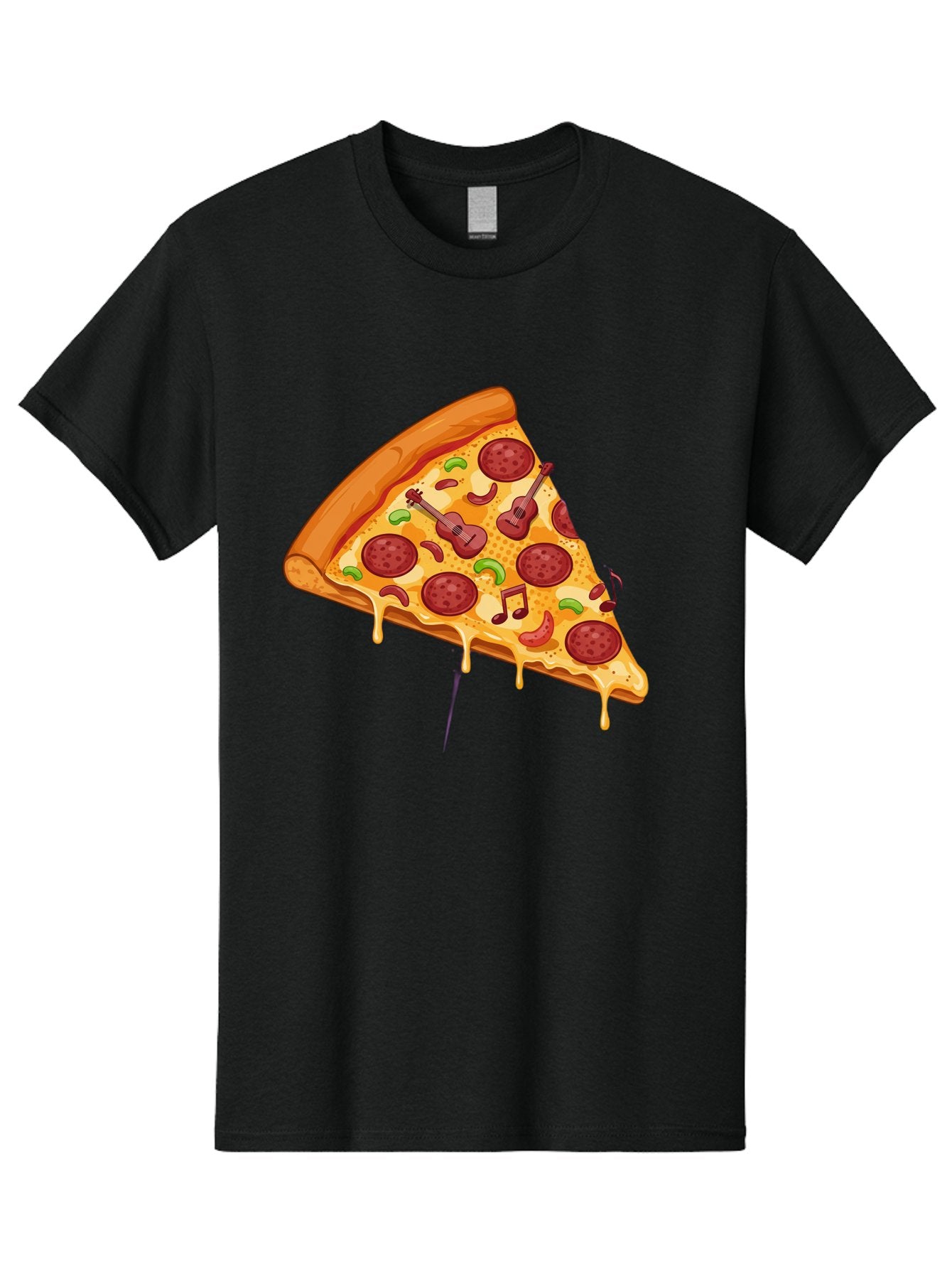 Pizza-Slice-33 Men'S Graphic Tee, 100% Cotton, Comfortable Casual Summer Wear, Machine Washable, Pizza Slice, Pepperoni Pizza, Cheese Pizza, Guitar Toppings, Music Notes, Cartoon Style, Playful Food, Whimsical Design, Cheesy Goodness, Bac295 12