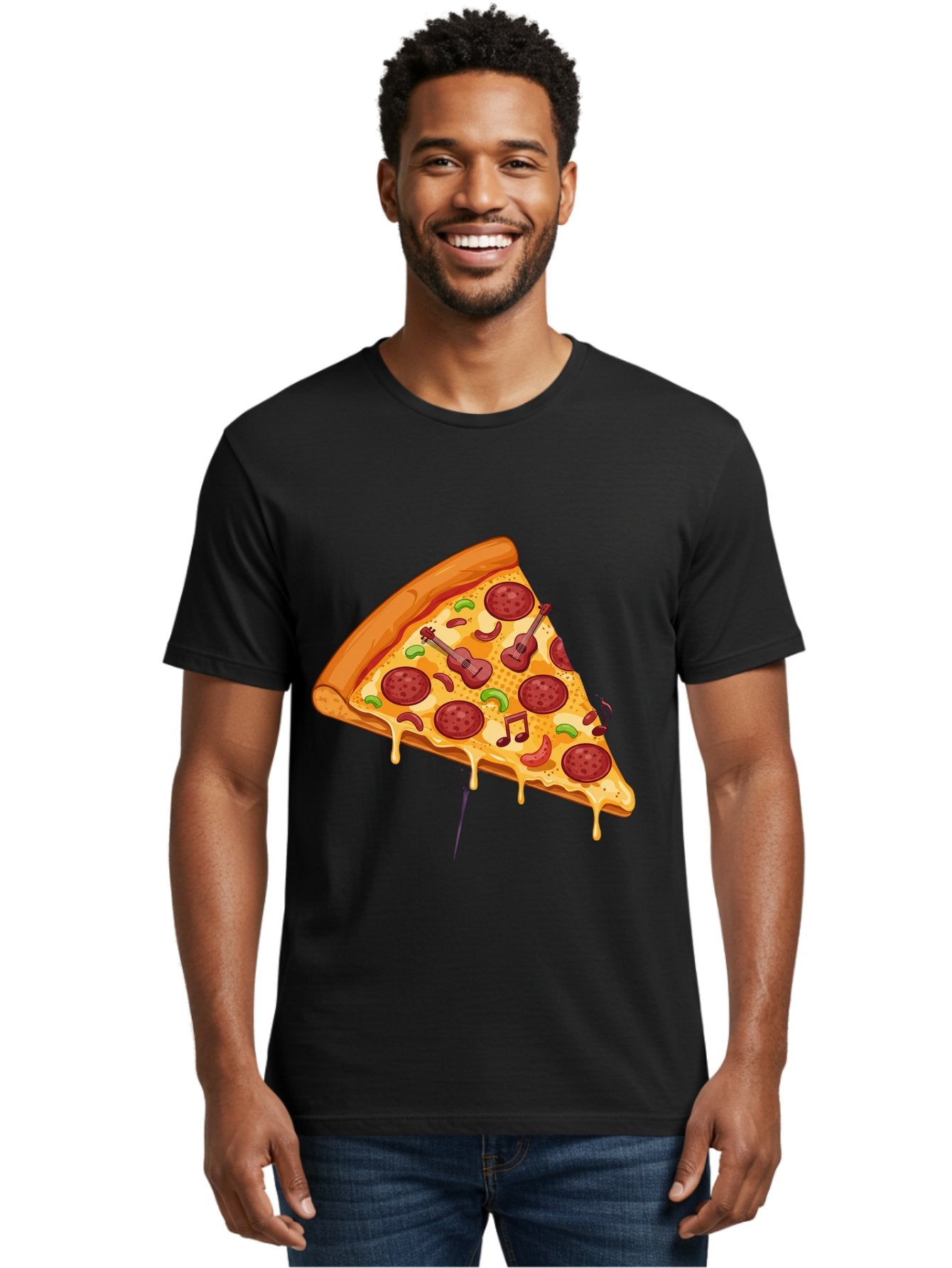 Pizza-Slice-33 Men'S Graphic Tee, 100% Cotton, Comfortable Casual Summer Wear, Machine Washable, Pizza Slice, Pepperoni Pizza, Cheese Pizza, Guitar Toppings, Music Notes, Cartoon Style, Playful Food, Whimsical Design, Cheesy Goodness, Bac295 28
