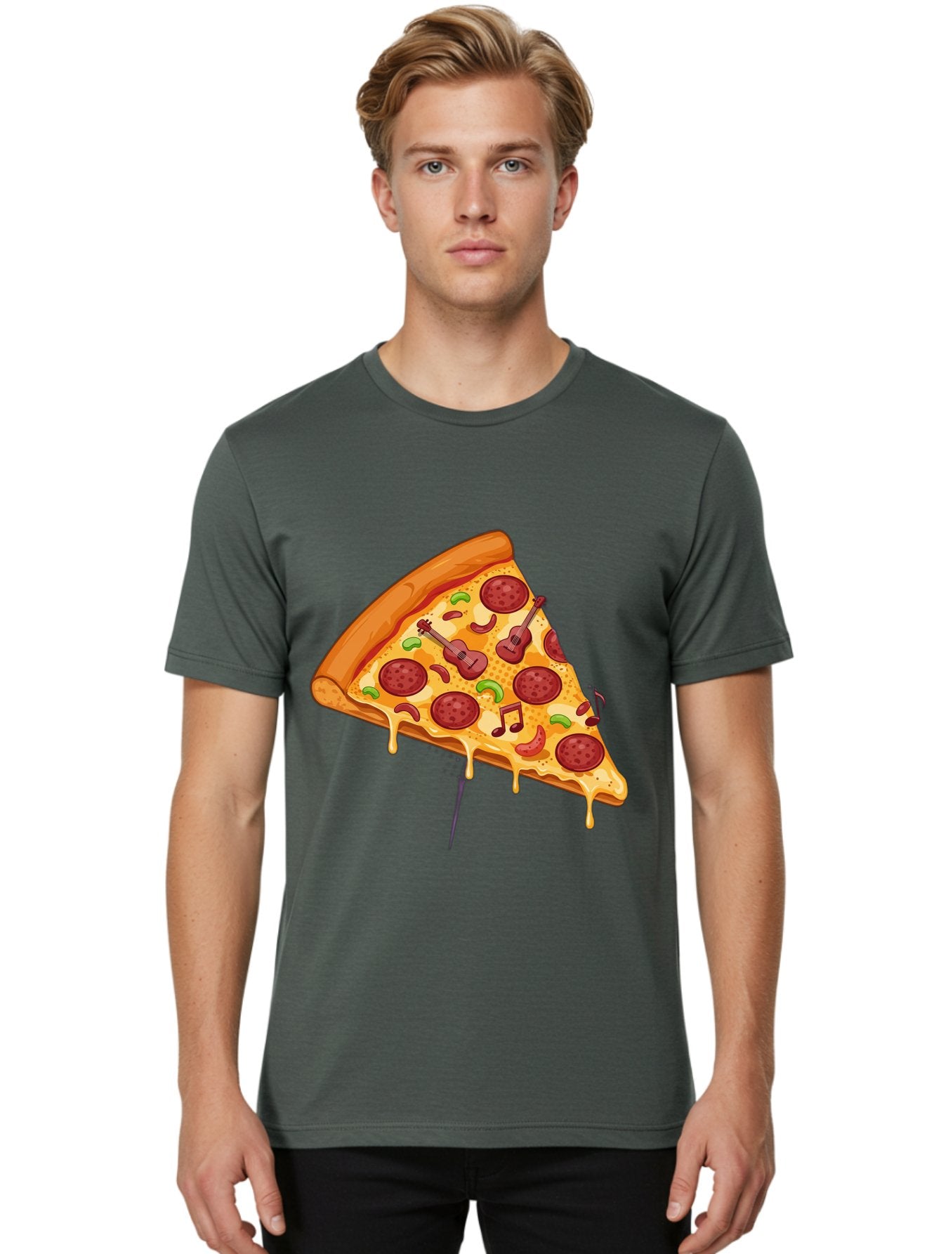 Pizza-Slice-33 Men'S Graphic Tee, 100% Cotton, Comfortable Casual Summer Wear, Machine Washable, Pizza Slice, Pepperoni Pizza, Cheese Pizza, Guitar Toppings, Music Notes, Cartoon Style, Playful Food, Whimsical Design, Cheesy Goodness, Bac295 20