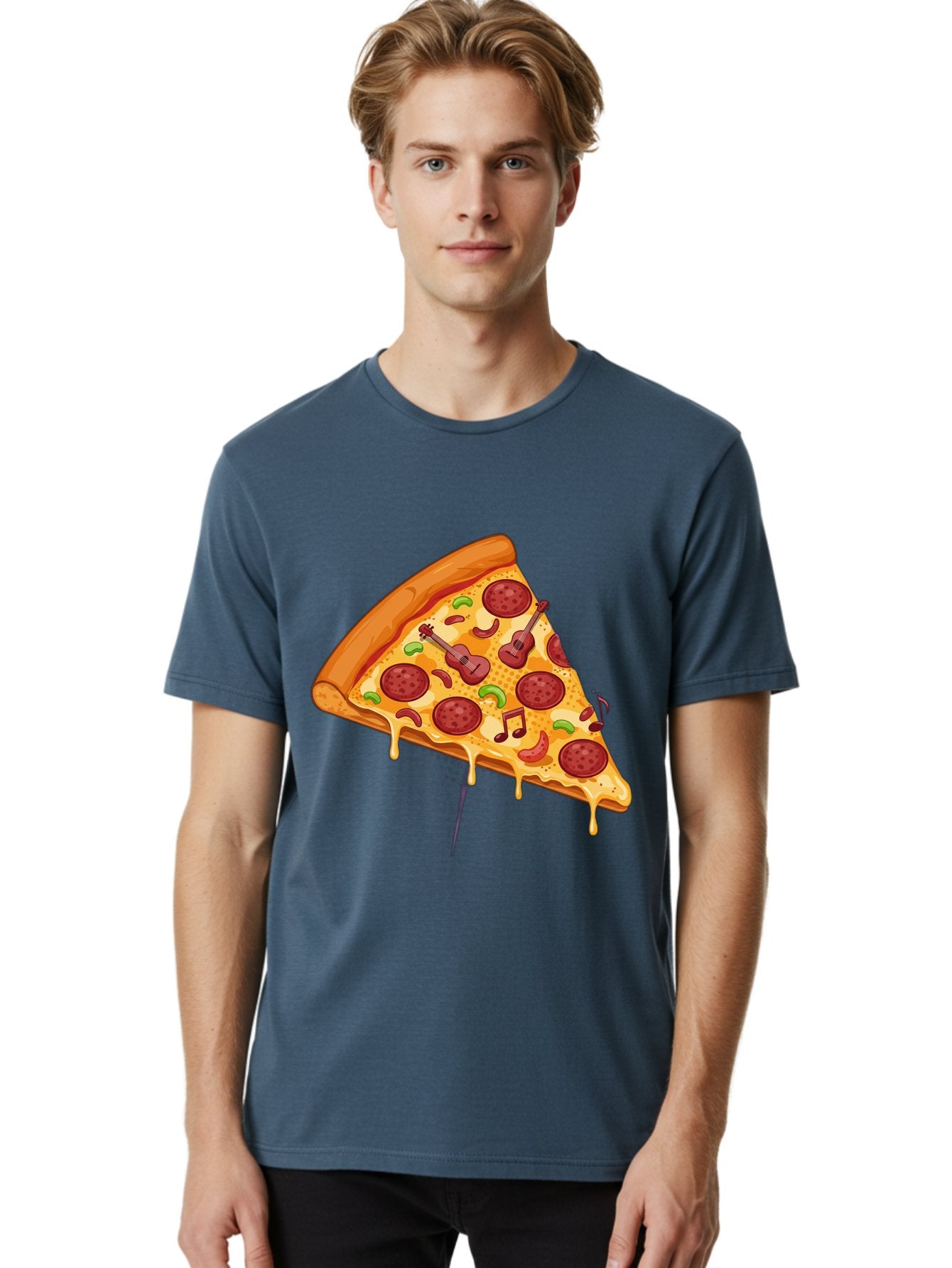 Pizza-Slice-33 Men'S Graphic Tee, 100% Cotton, Comfortable Casual Summer Wear, Machine Washable, Pizza Slice, Pepperoni Pizza, Cheese Pizza, Guitar Toppings, Music Notes, Cartoon Style, Playful Food, Whimsical Design, Cheesy Goodness, Bac295 30