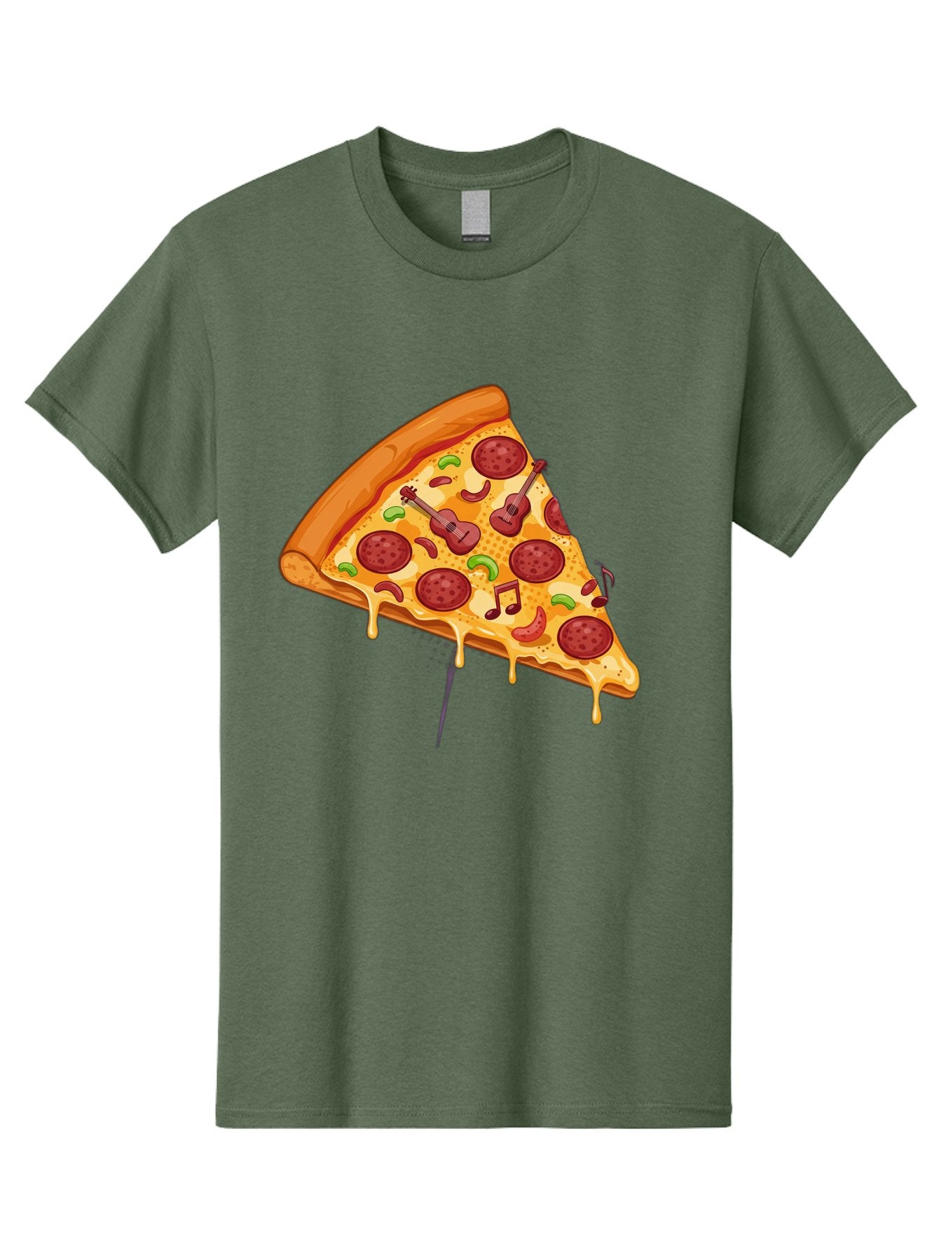 Pizza-Slice-33 Men'S Graphic Tee, 100% Cotton, Comfortable Casual Summer Wear, Machine Washable, Pizza Slice, Pepperoni Pizza, Cheese Pizza, Guitar Toppings, Music Notes, Cartoon Style, Playful Food, Whimsical Design, Cheesy Goodness, Bac295