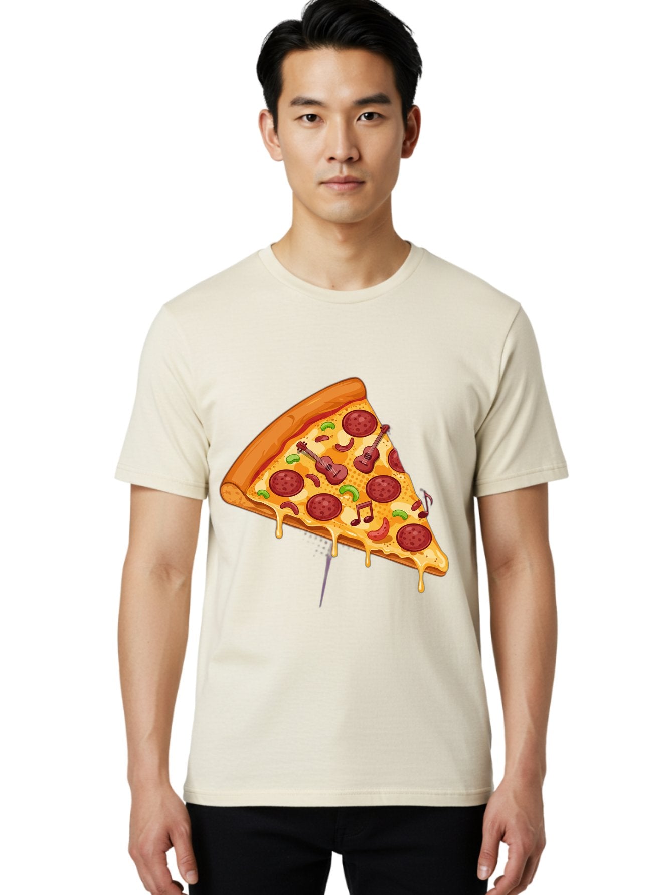 Pizza-Slice-33 Men'S Graphic Tee, 100% Cotton, Comfortable Casual Summer Wear, Machine Washable, Pizza Slice, Pepperoni Pizza, Cheese Pizza, Guitar Toppings, Music Notes, Cartoon Style, Playful Food, Whimsical Design, Cheesy Goodness, Bac295 29