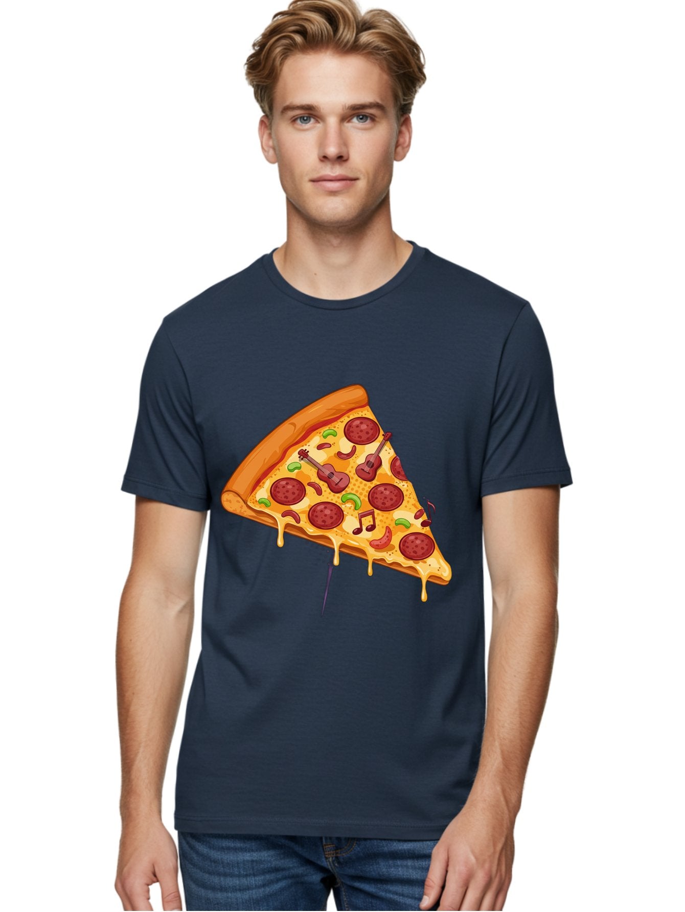 Pizza-Slice-33 Men'S Graphic Tee, 100% Cotton, Comfortable Casual Summer Wear, Machine Washable, Pizza Slice, Pepperoni Pizza, Cheese Pizza, Guitar Toppings, Music Notes, Cartoon Style, Playful Food, Whimsical Design, Cheesy Goodness, Bac295 24