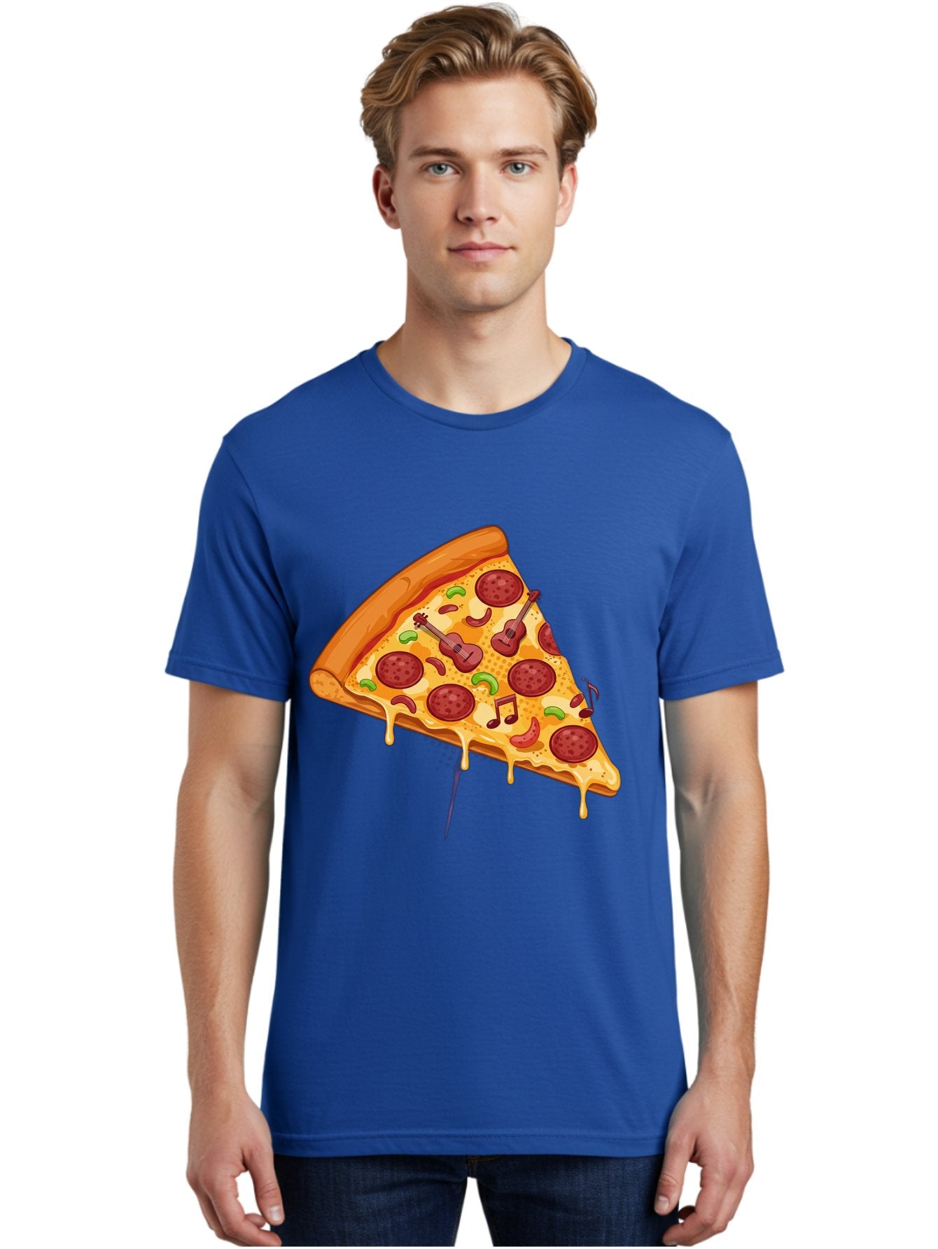 Pizza-Slice-33 Men'S Graphic Tee, 100% Cotton, Comfortable Casual Summer Wear, Machine Washable, Pizza Slice, Pepperoni Pizza, Cheese Pizza, Guitar Toppings, Music Notes, Cartoon Style, Playful Food, Whimsical Design, Cheesy Goodness, Bac295 25