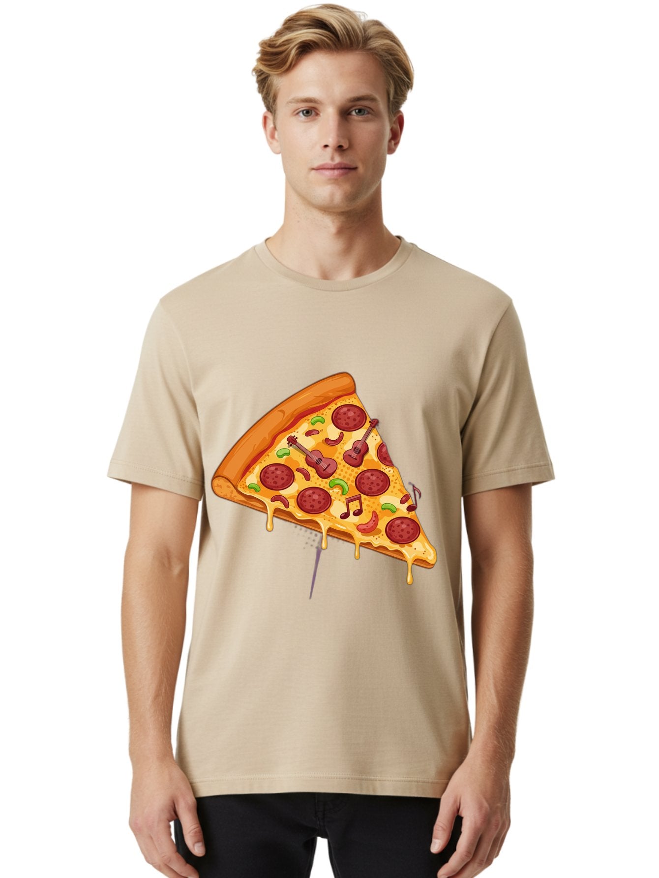 Pizza-Slice-33 Men'S Graphic Tee, 100% Cotton, Comfortable Casual Summer Wear, Machine Washable, Pizza Slice, Pepperoni Pizza, Cheese Pizza, Guitar Toppings, Music Notes, Cartoon Style, Playful Food, Whimsical Design, Cheesy Goodness, Bac295 22