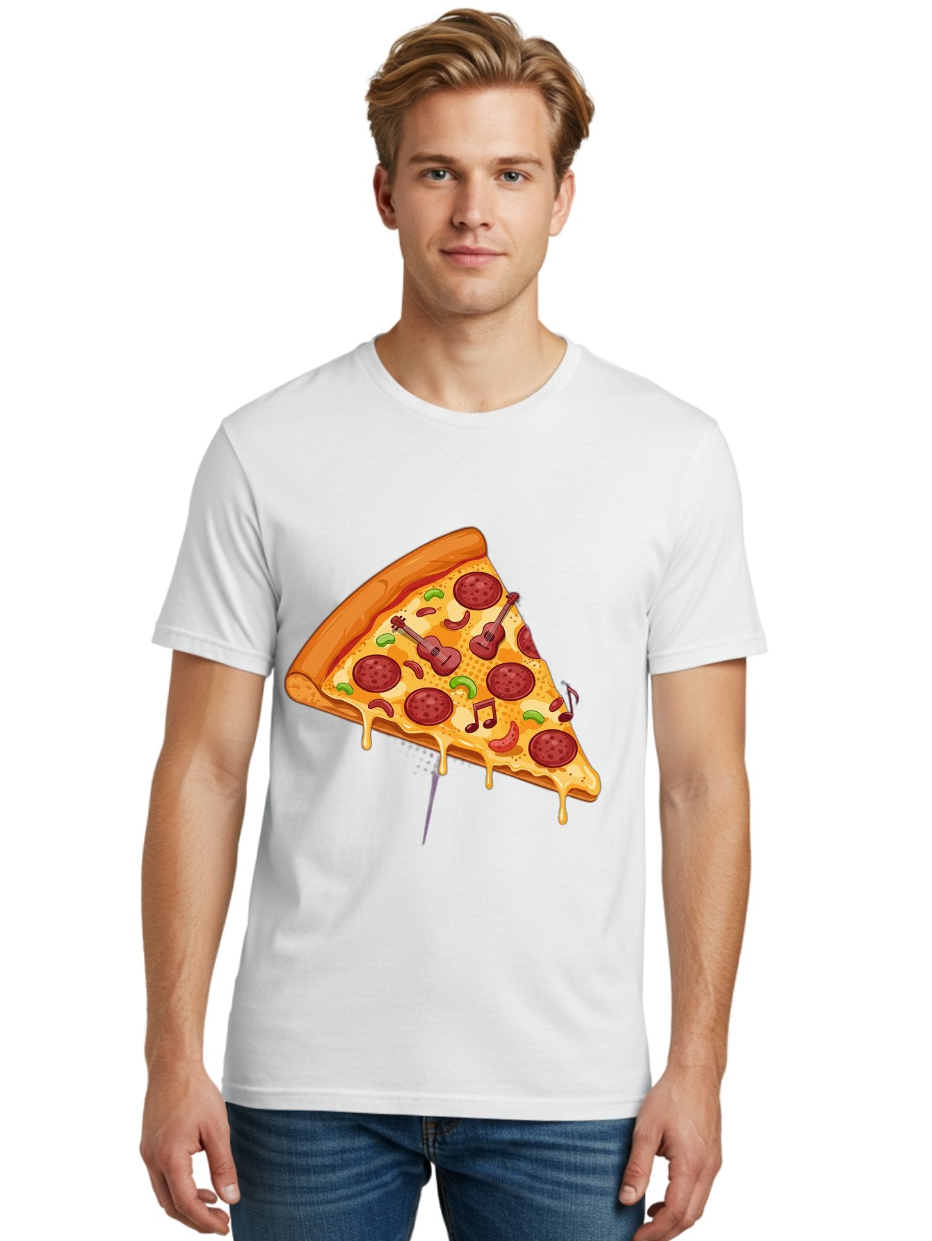 Pizza-Slice-33 Men'S Graphic Tee, 100% Cotton, Comfortable Casual Summer Wear, Machine Washable, Pizza Slice, Pepperoni Pizza, Cheese Pizza, Guitar Toppings, Music Notes, Cartoon Style, Playful Food, Whimsical Design, Cheesy Goodness, Bac295 26