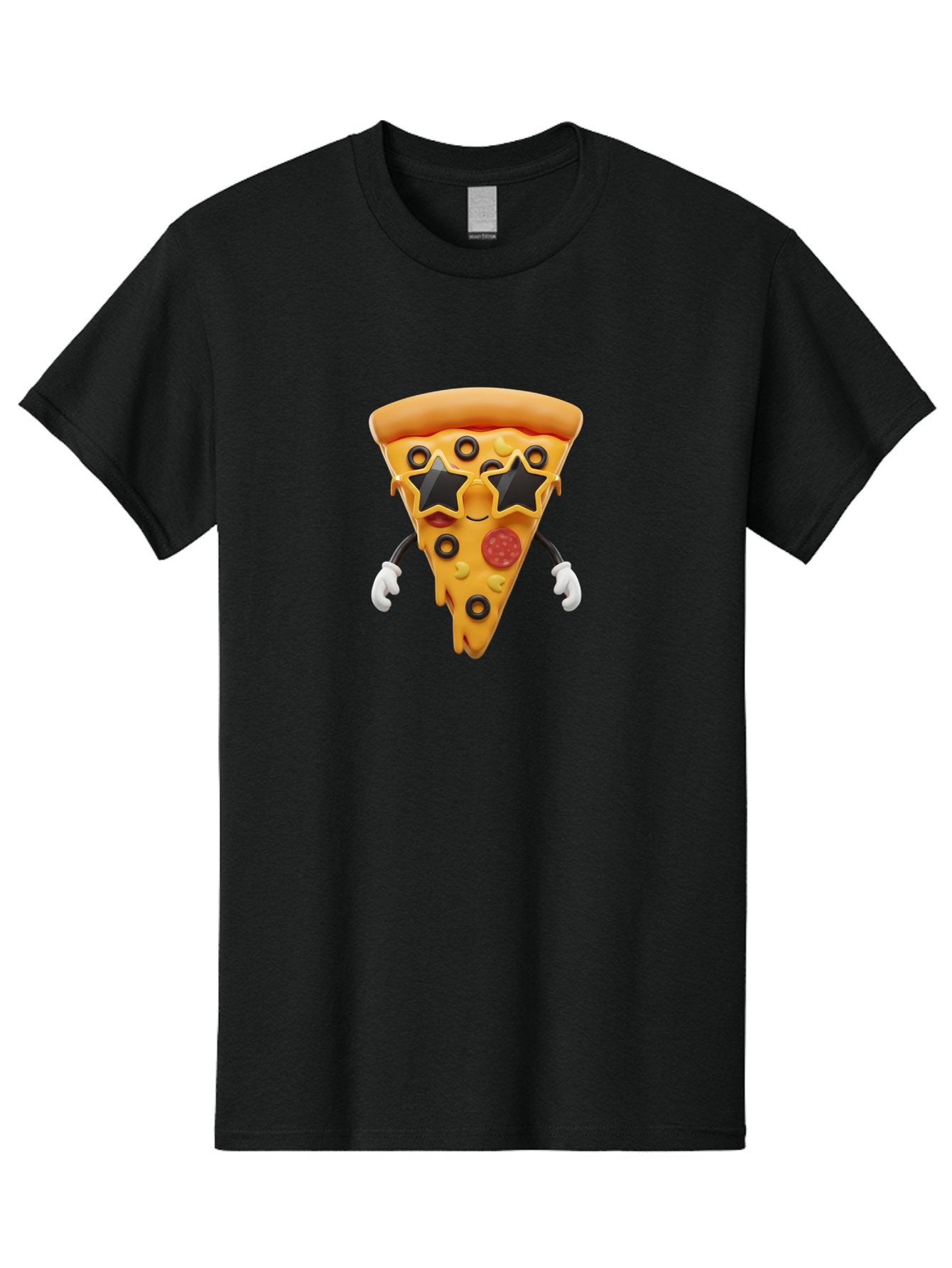 Pizza-Slice-Character Men'S Graphic Tee, 100% Cotton, Comfortable Casual Summer Wear, Machine Washable, Cartoon Pizza Slice, Pepperoni Pizza, Black Olives, Yellow Cheese, Star-Shaped Sunglasses, Cute Food, Funny Character, Cartoon Character, Bac305