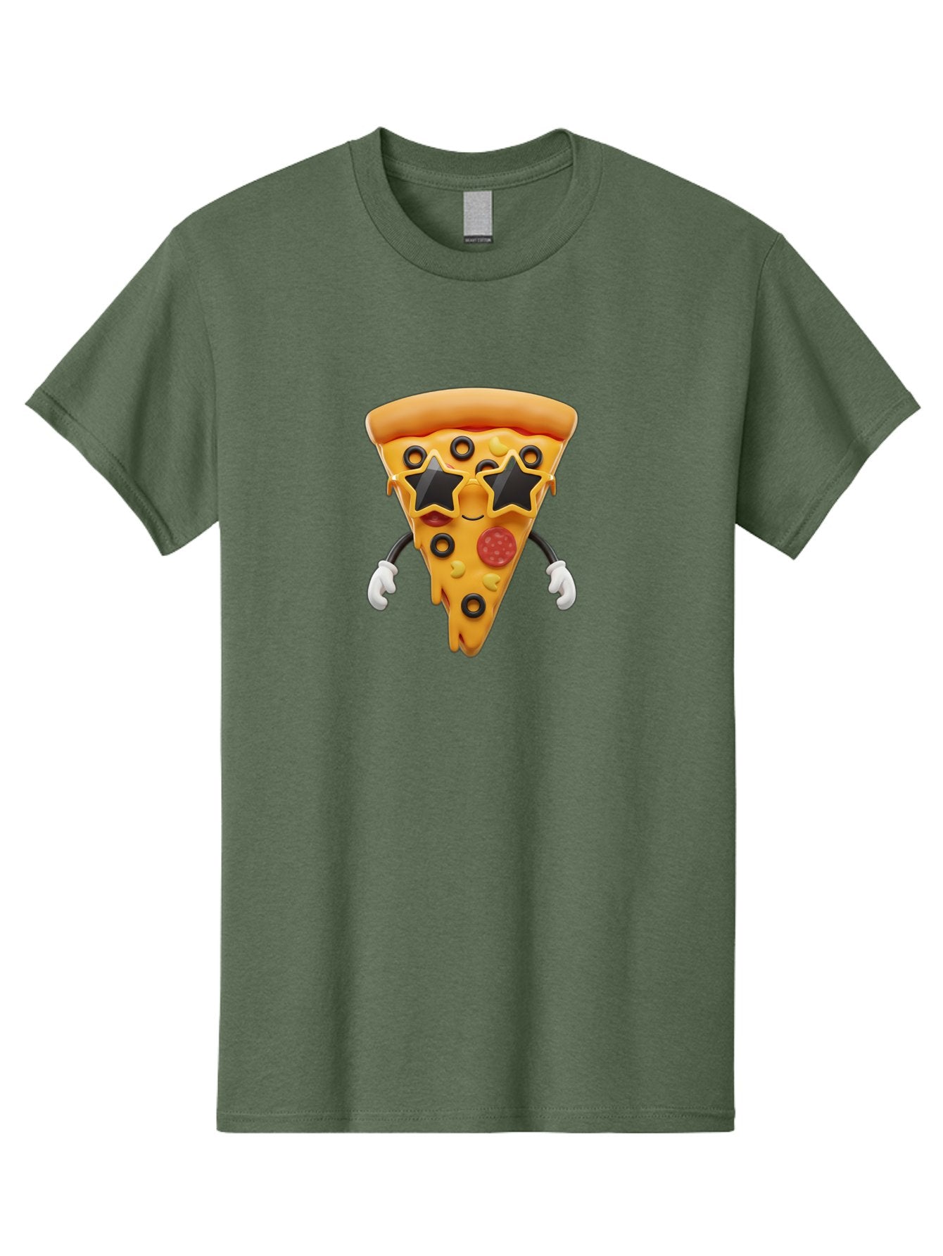 Pizza-Slice-Character Men'S Graphic Tee, 100% Cotton, Comfortable Casual Summer Wear, Machine Washable, Cartoon Pizza Slice, Pepperoni Pizza, Black Olives, Yellow Cheese, Star-Shaped Sunglasses, Cute Food, Funny Character, Cartoon Character, Bac305 12