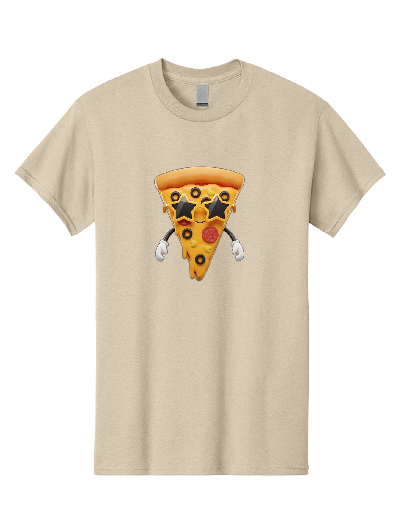 Pizza-Slice-Character Men'S Graphic Tee, 100% Cotton, Comfortable Casual Summer Wear, Machine Washable, Cartoon Pizza Slice, Pepperoni Pizza, Black Olives, Yellow Cheese, Star-Shaped Sunglasses, Cute Food, Funny Character, Cartoon Character, Bac305
