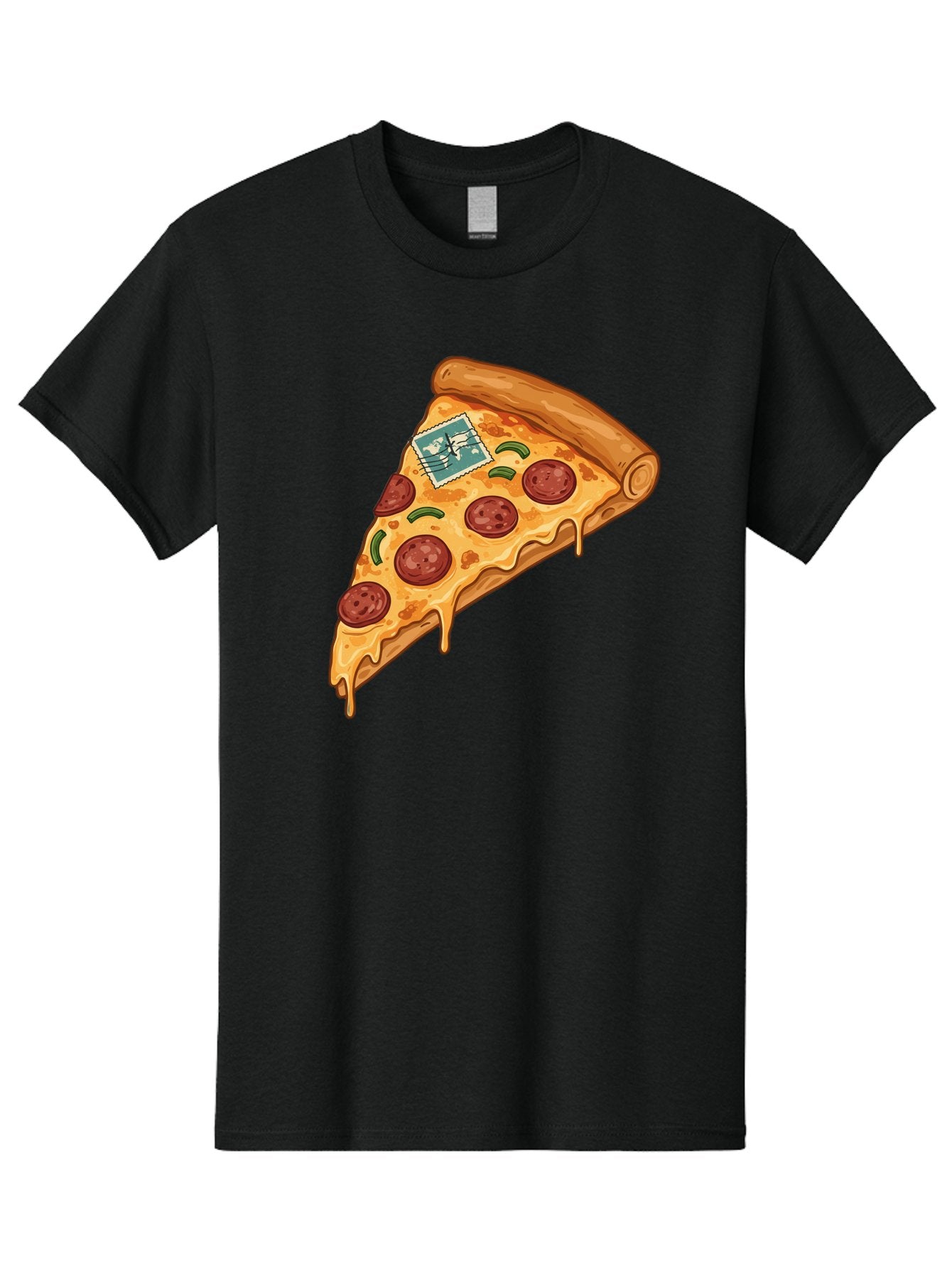 Pizza-Slice-With-Stamp Men'S Graphic Tee, 100% Cotton, Comfortable Casual Summer Wear, Machine Washable, Pizza Slice, Pepperoni Pizza, Cheese Pizza, Melted Cheese, Postage Stamp, Cartoon Food, Illustration, Tasty Food, Savory Dish, Bac311 3
