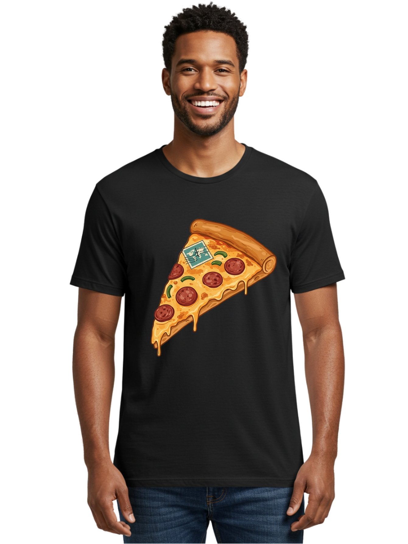 Pizza-Slice-With-Stamp Men'S Graphic Tee, 100% Cotton, Comfortable Casual Summer Wear, Machine Washable, Pizza Slice, Pepperoni Pizza, Cheese Pizza, Melted Cheese, Postage Stamp, Cartoon Food, Illustration, Tasty Food, Savory Dish, Bac311 22