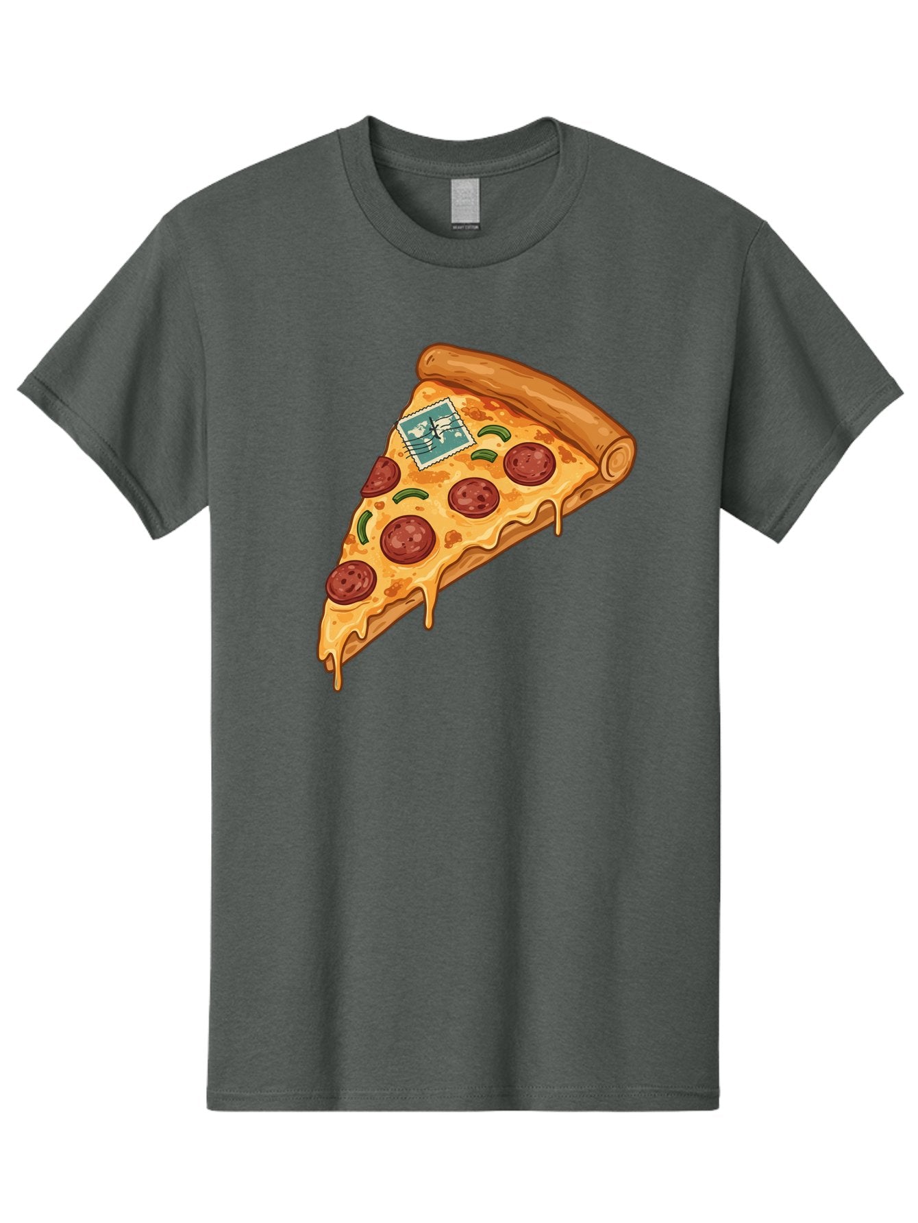 Pizza-Slice-With-Stamp Men'S Graphic Tee, 100% Cotton, Comfortable Casual Summer Wear, Machine Washable, Pizza Slice, Pepperoni Pizza, Cheese Pizza, Melted Cheese, Postage Stamp, Cartoon Food, Illustration, Tasty Food, Savory Dish, Bac311 15