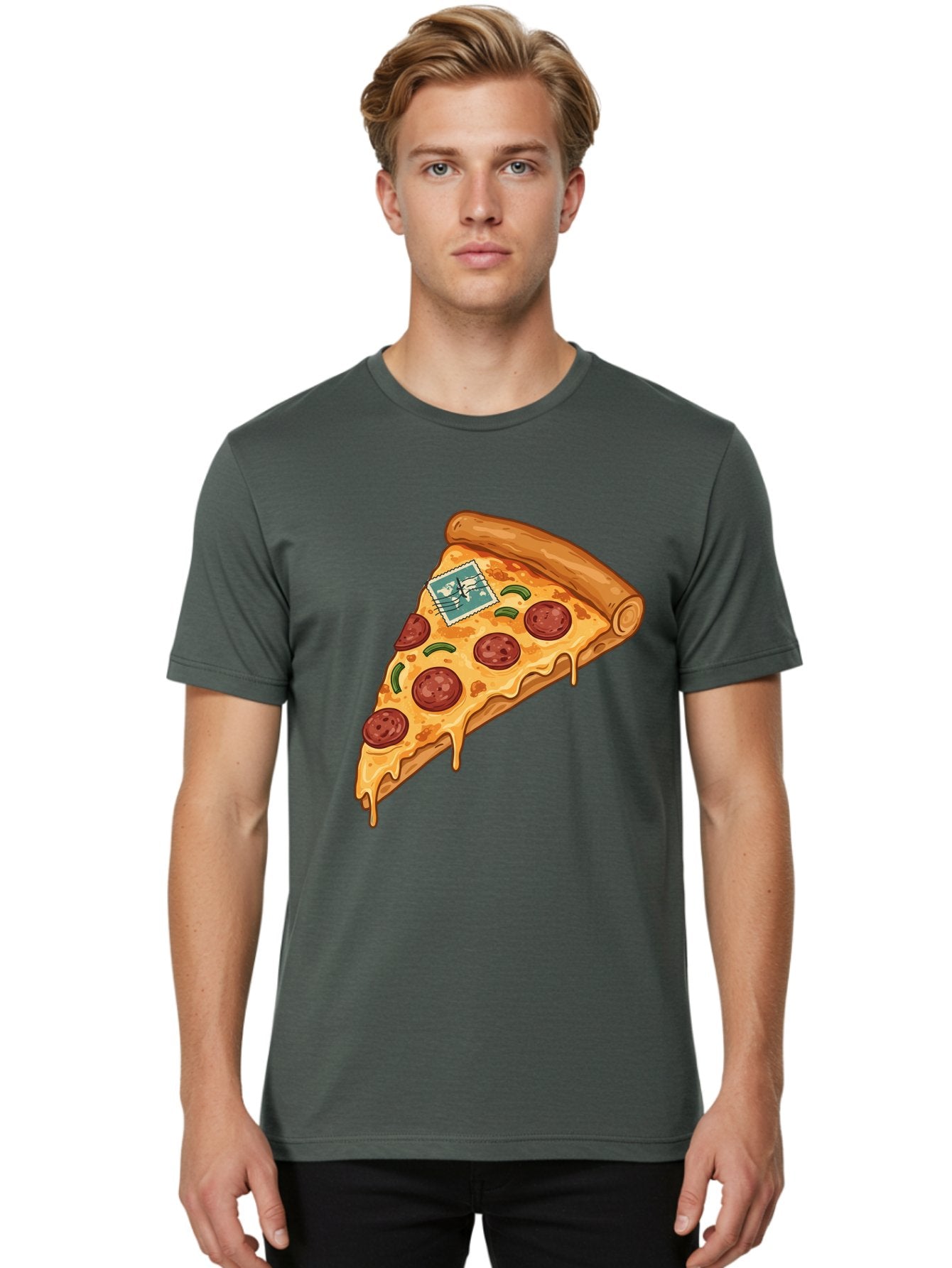 Pizza-Slice-With-Stamp Men'S Graphic Tee, 100% Cotton, Comfortable Casual Summer Wear, Machine Washable, Pizza Slice, Pepperoni Pizza, Cheese Pizza, Melted Cheese, Postage Stamp, Cartoon Food, Illustration, Tasty Food, Savory Dish, Bac311 30