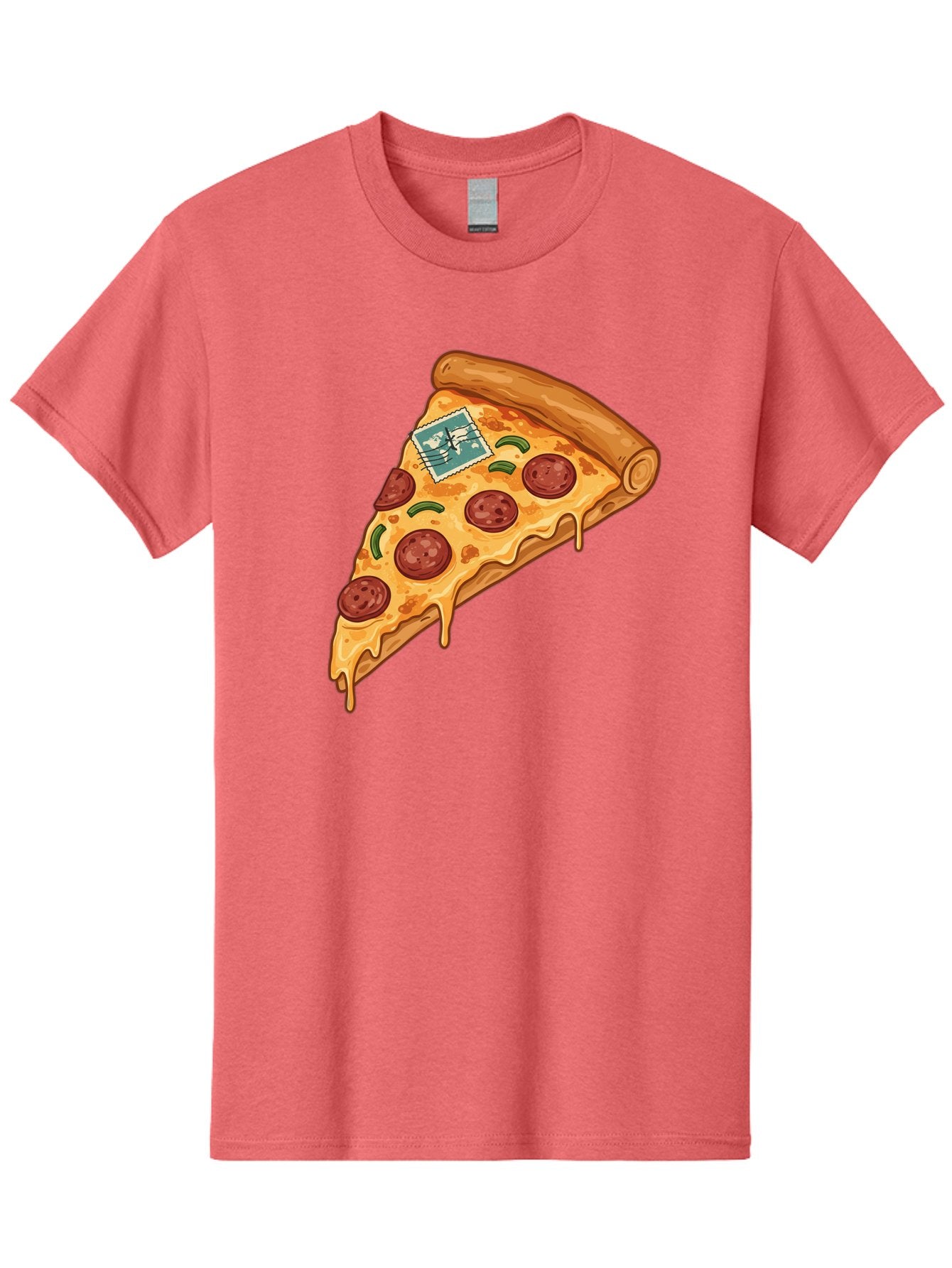Pizza-Slice-With-Stamp Men'S Graphic Tee, 100% Cotton, Comfortable Casual Summer Wear, Machine Washable, Pizza Slice, Pepperoni Pizza, Cheese Pizza, Melted Cheese, Postage Stamp, Cartoon Food, Illustration, Tasty Food, Savory Dish, Bac311 6
