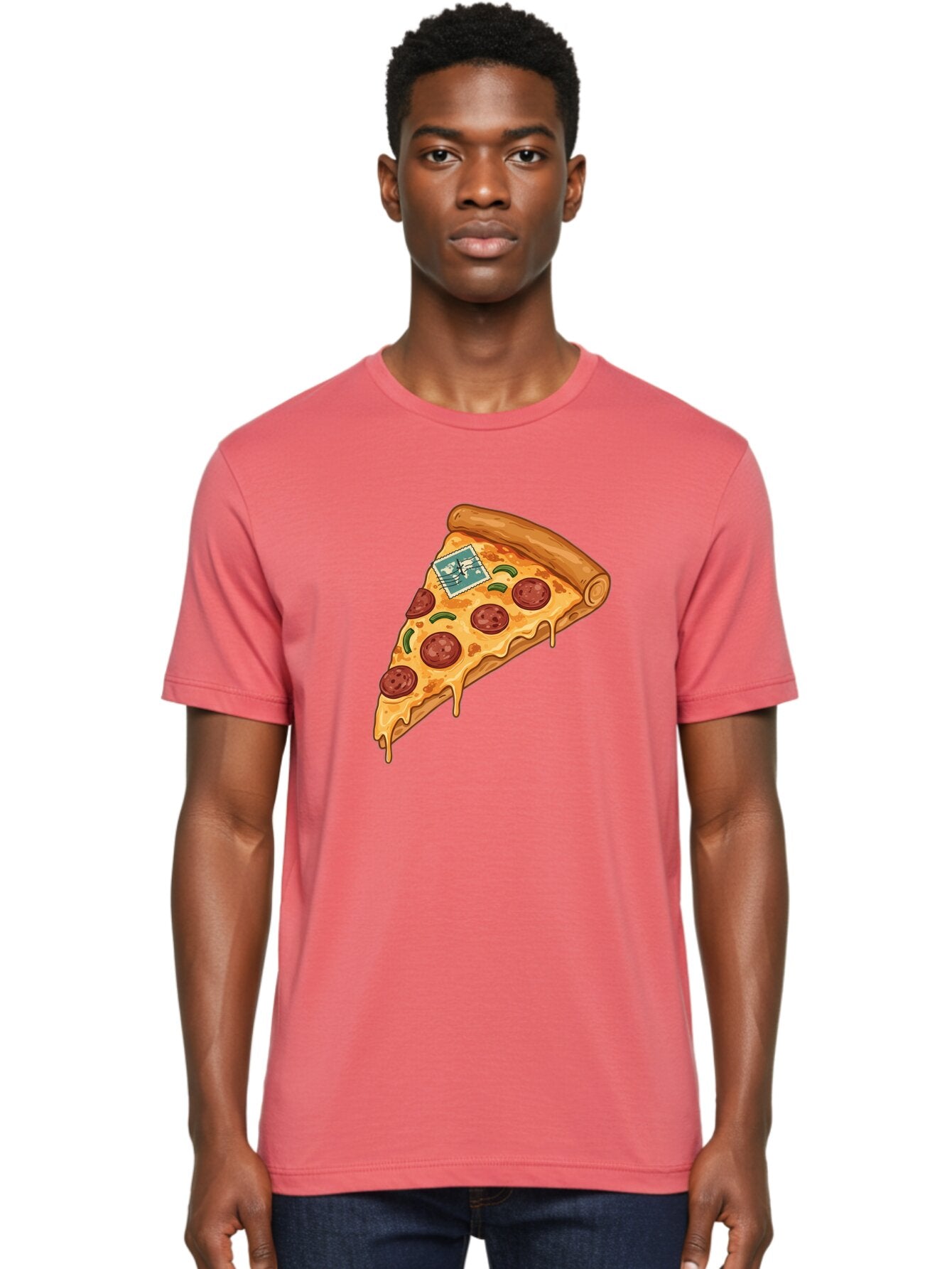 Pizza-Slice-With-Stamp Men'S Graphic Tee, 100% Cotton, Comfortable Casual Summer Wear, Machine Washable, Pizza Slice, Pepperoni Pizza, Cheese Pizza, Melted Cheese, Postage Stamp, Cartoon Food, Illustration, Tasty Food, Savory Dish, Bac311 24