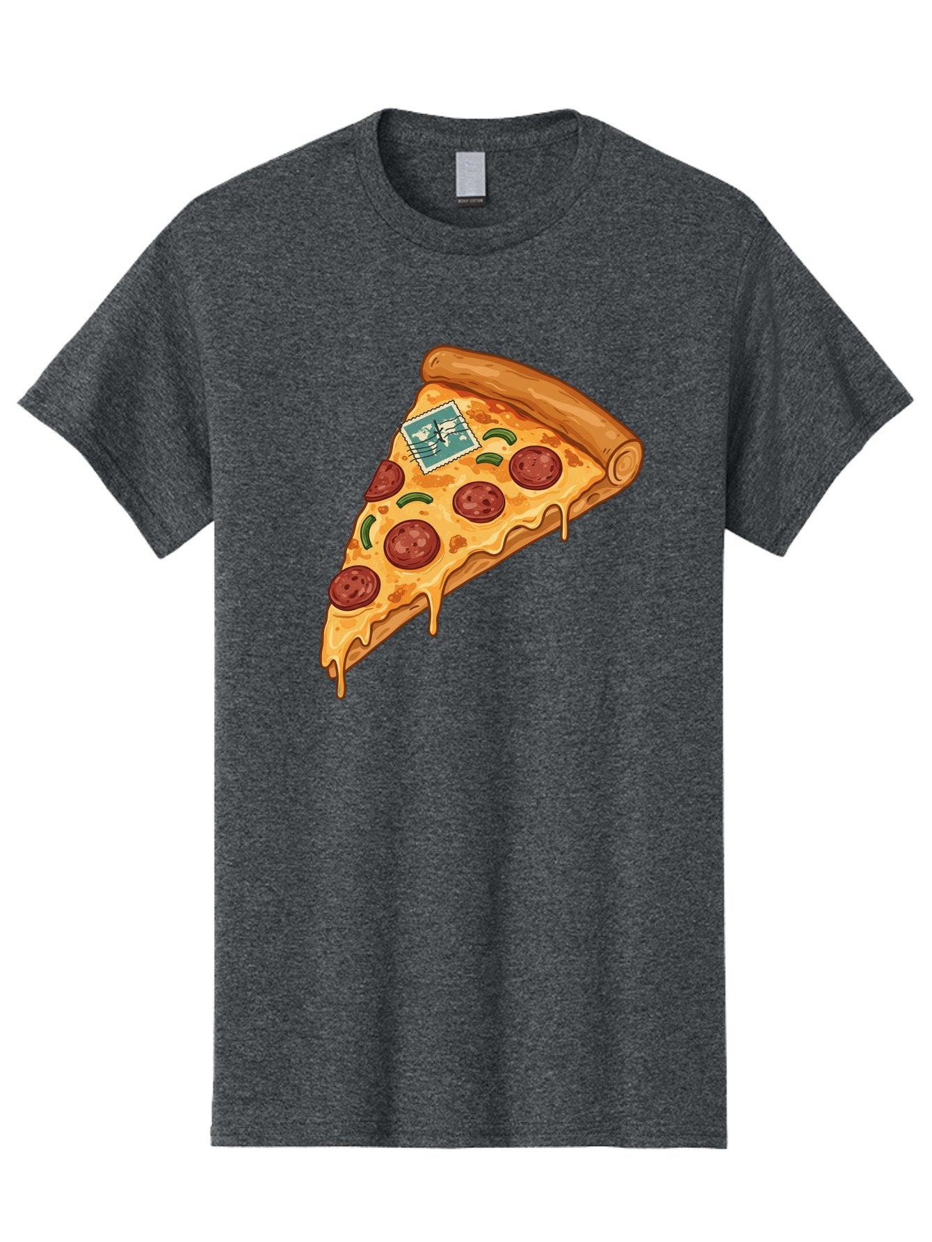 Pizza-Slice-With-Stamp Men'S Graphic Tee, 100% Cotton, Comfortable Casual Summer Wear, Machine Washable, Pizza Slice, Pepperoni Pizza, Cheese Pizza, Melted Cheese, Postage Stamp, Cartoon Food, Illustration, Tasty Food, Savory Dish, Bac311 12