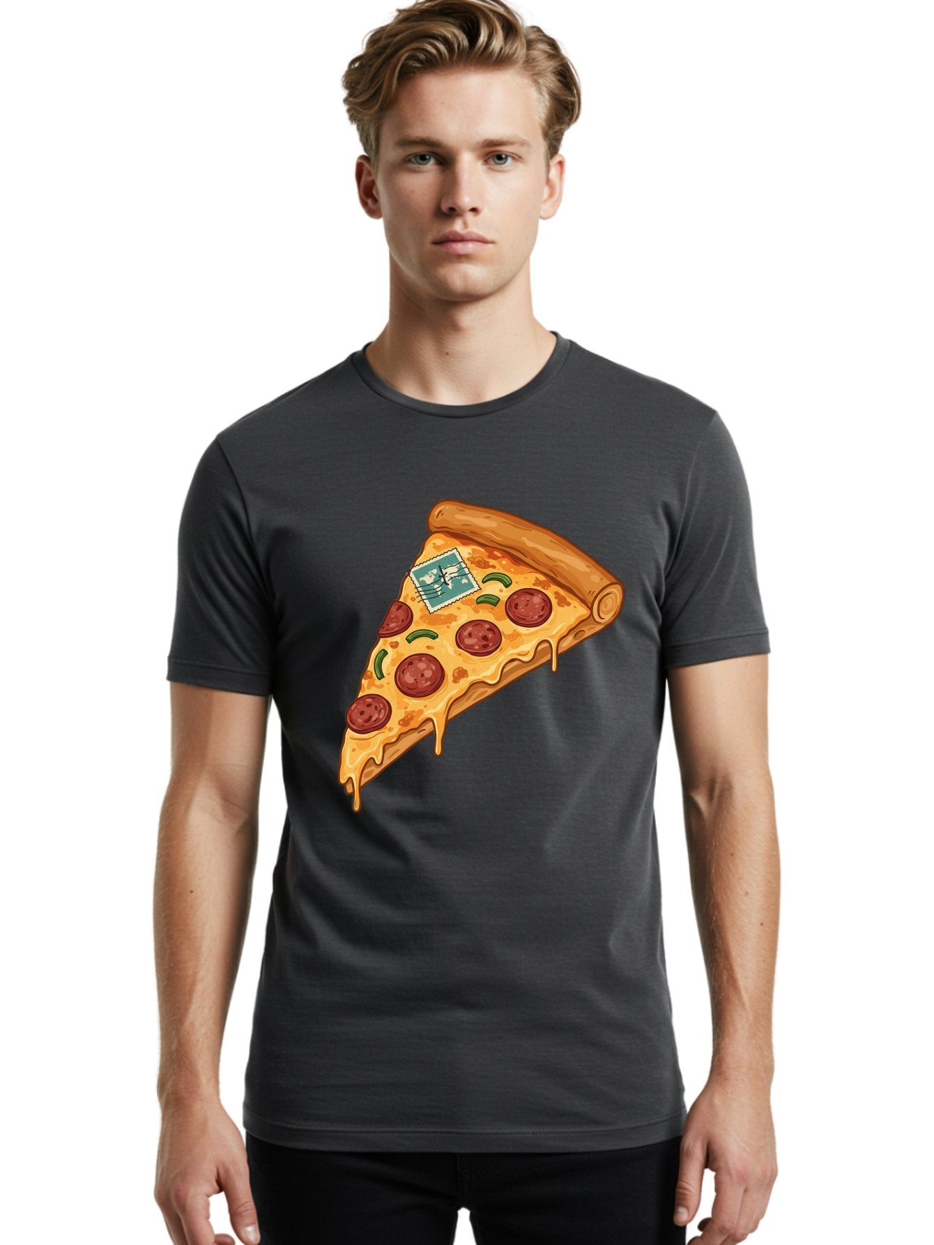 Pizza-Slice-With-Stamp Men'S Graphic Tee, 100% Cotton, Comfortable Casual Summer Wear, Machine Washable, Pizza Slice, Pepperoni Pizza, Cheese Pizza, Melted Cheese, Postage Stamp, Cartoon Food, Illustration, Tasty Food, Savory Dish, Bac311 28
