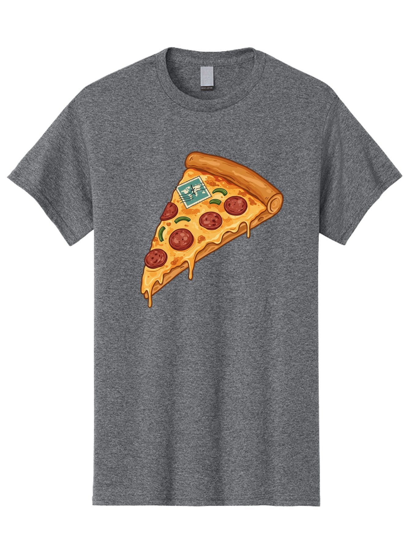 Pizza-Slice-With-Stamp Men'S Graphic Tee, 100% Cotton, Comfortable Casual Summer Wear, Machine Washable, Pizza Slice, Pepperoni Pizza, Cheese Pizza, Melted Cheese, Postage Stamp, Cartoon Food, Illustration, Tasty Food, Savory Dish, Bac311 10