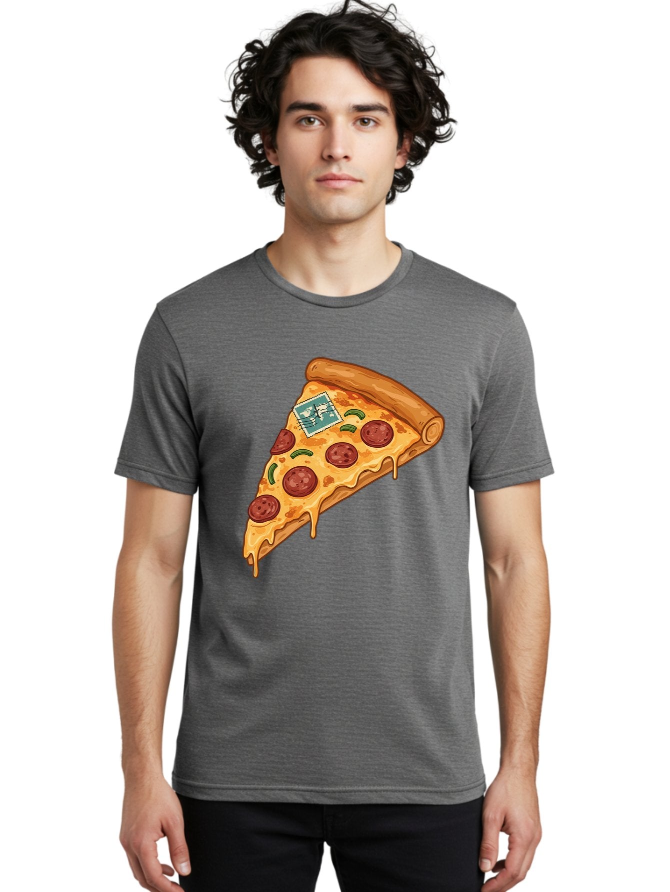 Pizza-Slice-With-Stamp Men'S Graphic Tee, 100% Cotton, Comfortable Casual Summer Wear, Machine Washable, Pizza Slice, Pepperoni Pizza, Cheese Pizza, Melted Cheese, Postage Stamp, Cartoon Food, Illustration, Tasty Food, Savory Dish, Bac311 17