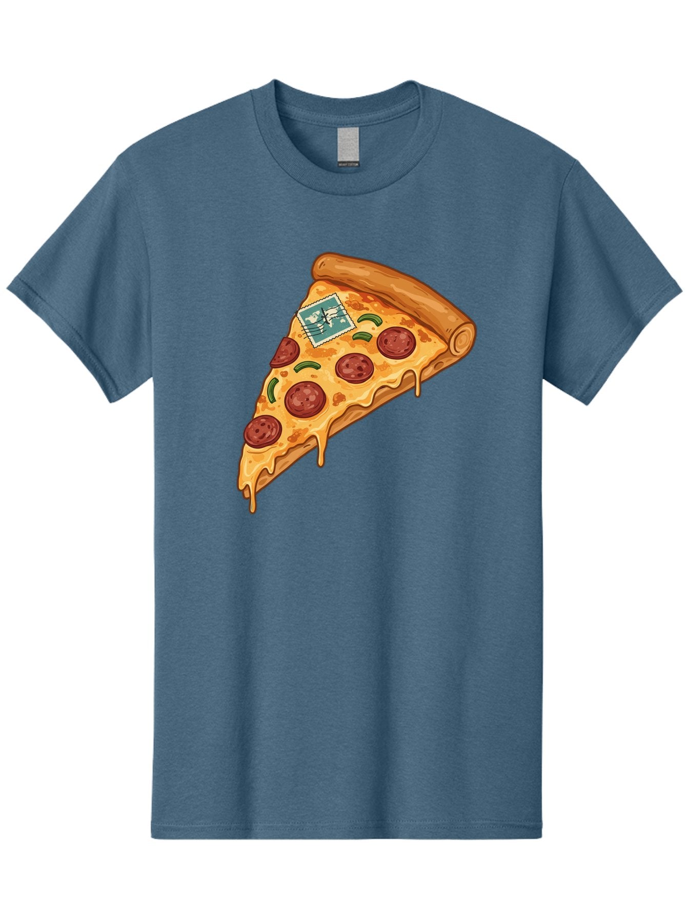 Pizza-Slice-With-Stamp Men'S Graphic Tee, 100% Cotton, Comfortable Casual Summer Wear, Machine Washable, Pizza Slice, Pepperoni Pizza, Cheese Pizza, Melted Cheese, Postage Stamp, Cartoon Food, Illustration, Tasty Food, Savory Dish, Bac311