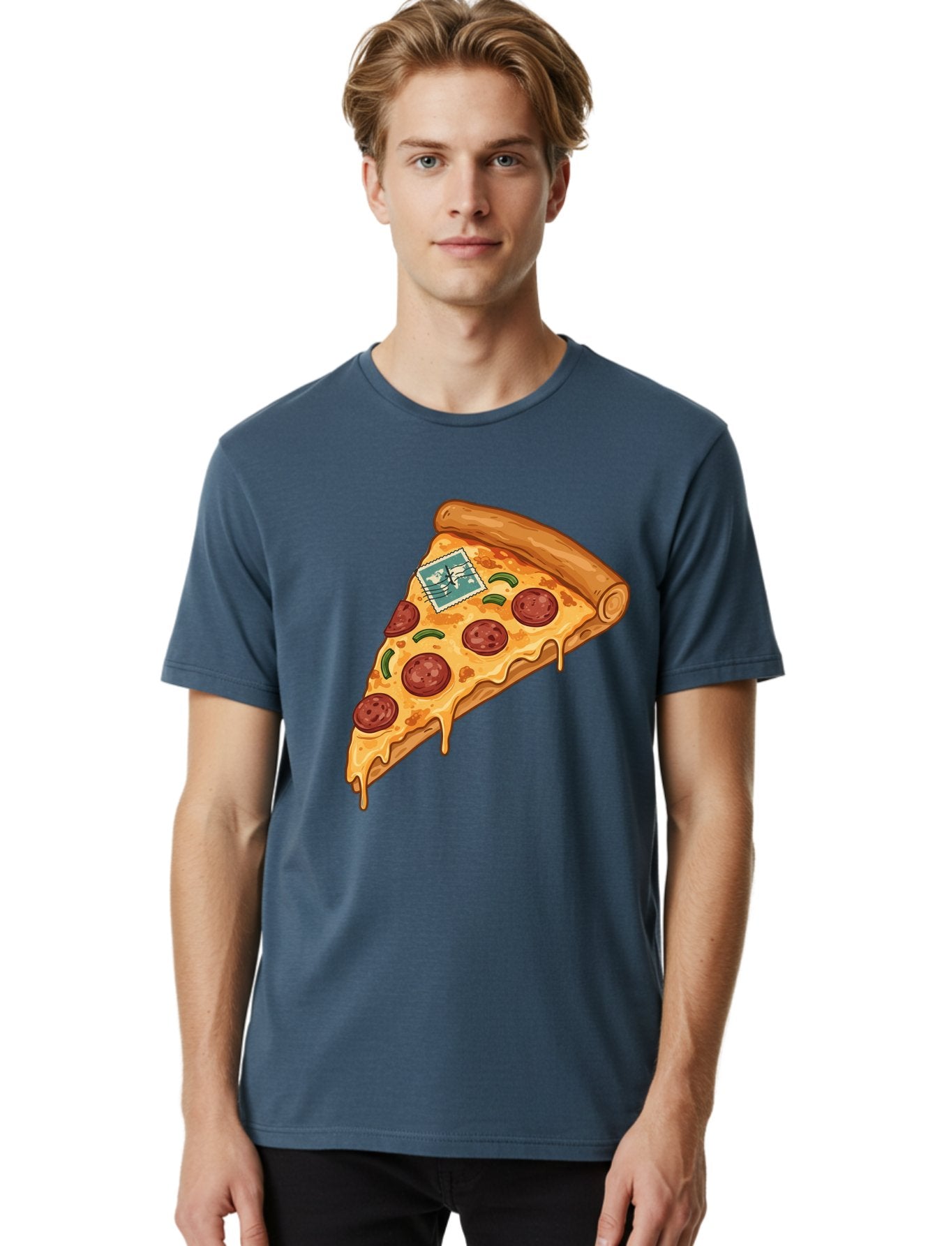 Pizza-Slice-With-Stamp Men'S Graphic Tee, 100% Cotton, Comfortable Casual Summer Wear, Machine Washable, Pizza Slice, Pepperoni Pizza, Cheese Pizza, Melted Cheese, Postage Stamp, Cartoon Food, Illustration, Tasty Food, Savory Dish, Bac311 19
