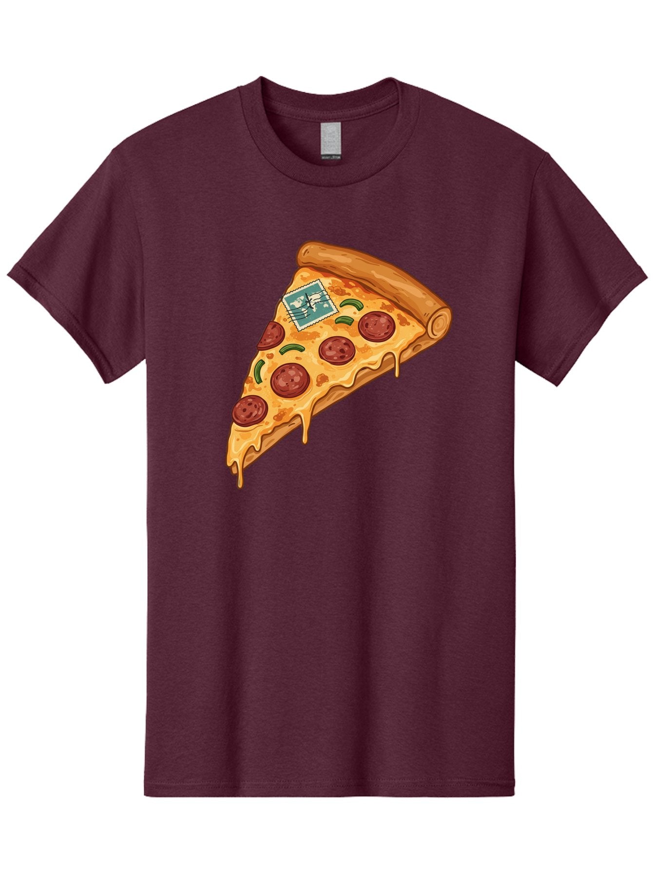 Pizza-Slice-With-Stamp Men'S Graphic Tee, 100% Cotton, Comfortable Casual Summer Wear, Machine Washable, Pizza Slice, Pepperoni Pizza, Cheese Pizza, Melted Cheese, Postage Stamp, Cartoon Food, Illustration, Tasty Food, Savory Dish, Bac311 8
