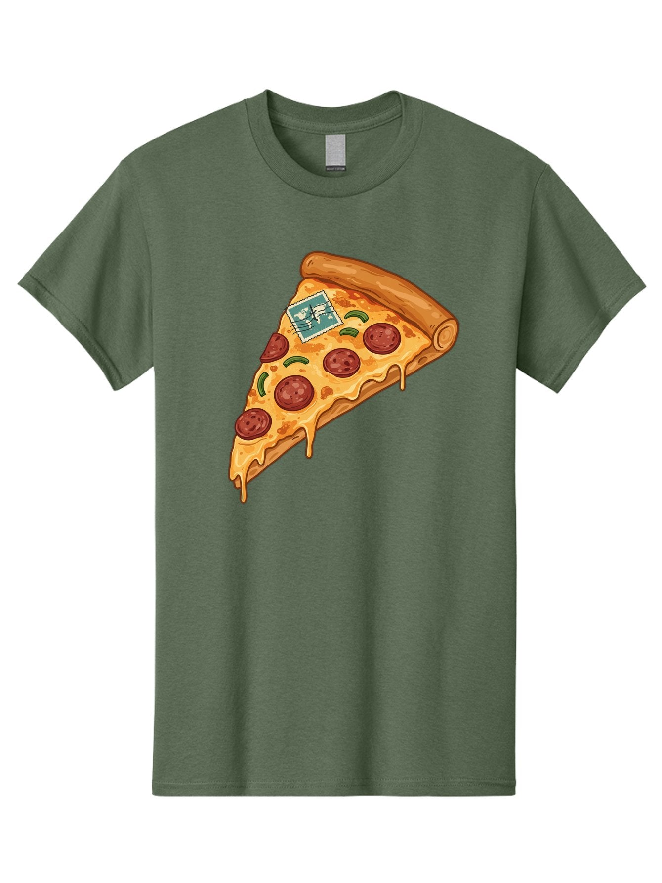 Pizza-Slice-With-Stamp Men'S Graphic Tee, 100% Cotton, Comfortable Casual Summer Wear, Machine Washable, Pizza Slice, Pepperoni Pizza, Cheese Pizza, Melted Cheese, Postage Stamp, Cartoon Food, Illustration, Tasty Food, Savory Dish, Bac311 4