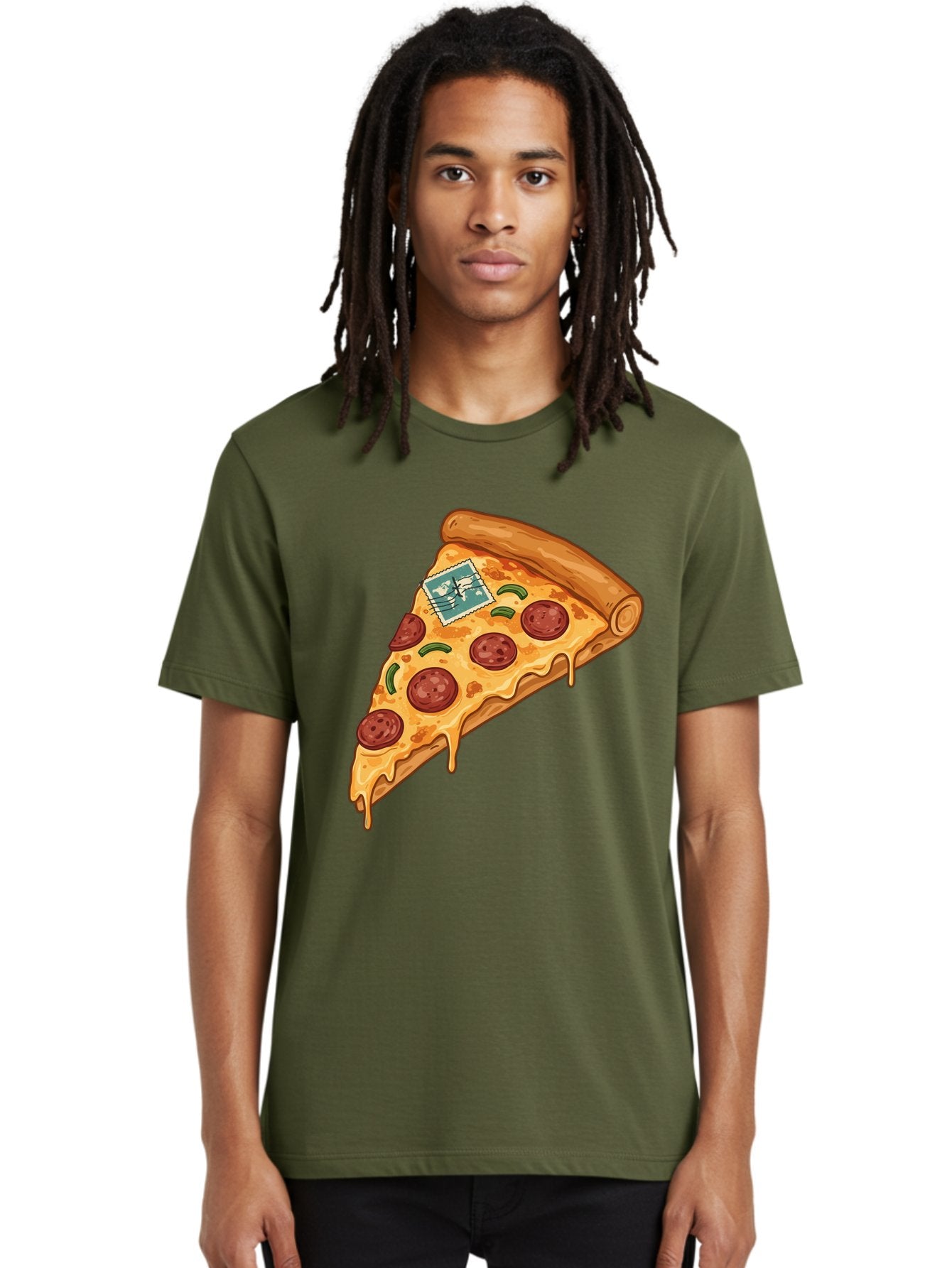 Pizza-Slice-With-Stamp Men'S Graphic Tee, 100% Cotton, Comfortable Casual Summer Wear, Machine Washable, Pizza Slice, Pepperoni Pizza, Cheese Pizza, Melted Cheese, Postage Stamp, Cartoon Food, Illustration, Tasty Food, Savory Dish, Bac311 18
