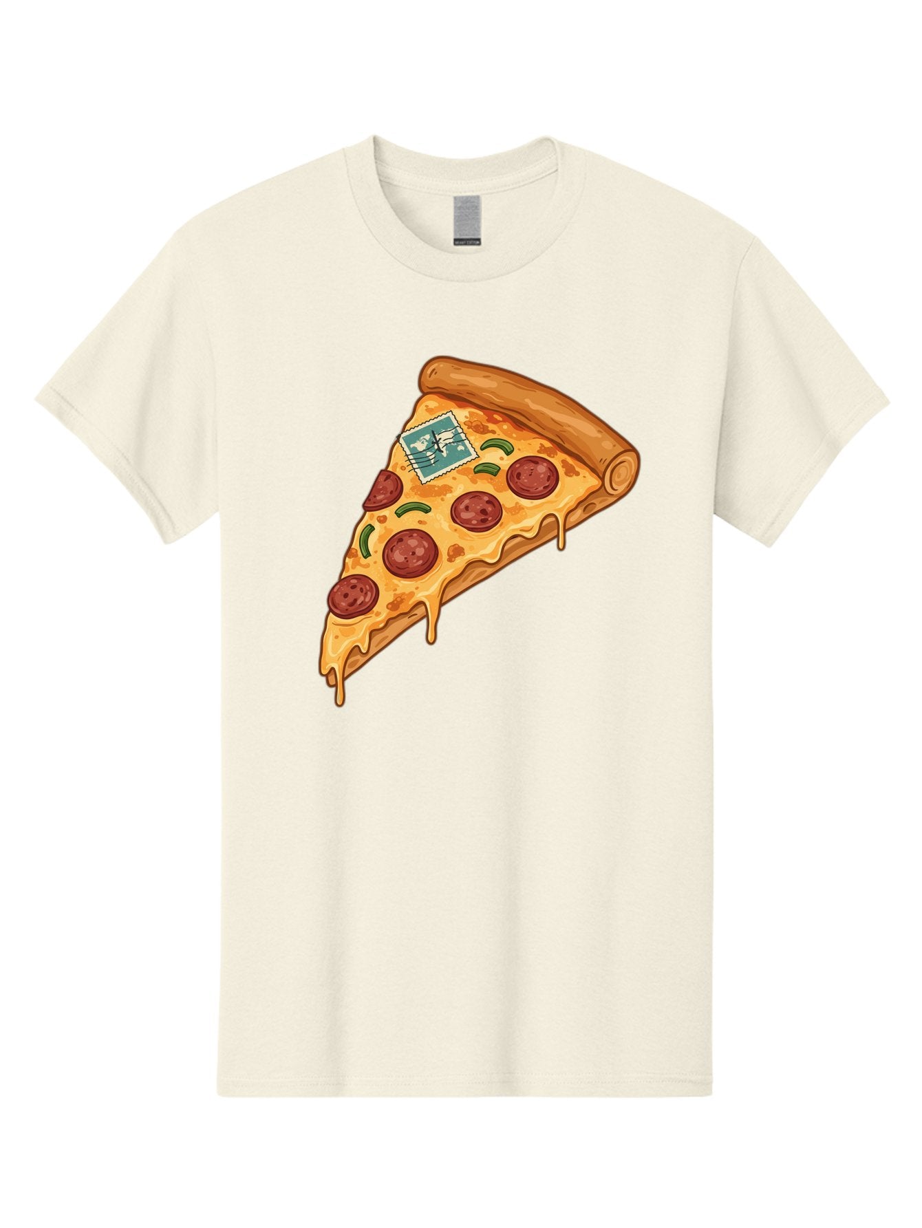 Pizza-Slice-With-Stamp Men'S Graphic Tee, 100% Cotton, Comfortable Casual Summer Wear, Machine Washable, Pizza Slice, Pepperoni Pizza, Cheese Pizza, Melted Cheese, Postage Stamp, Cartoon Food, Illustration, Tasty Food, Savory Dish, Bac311 13