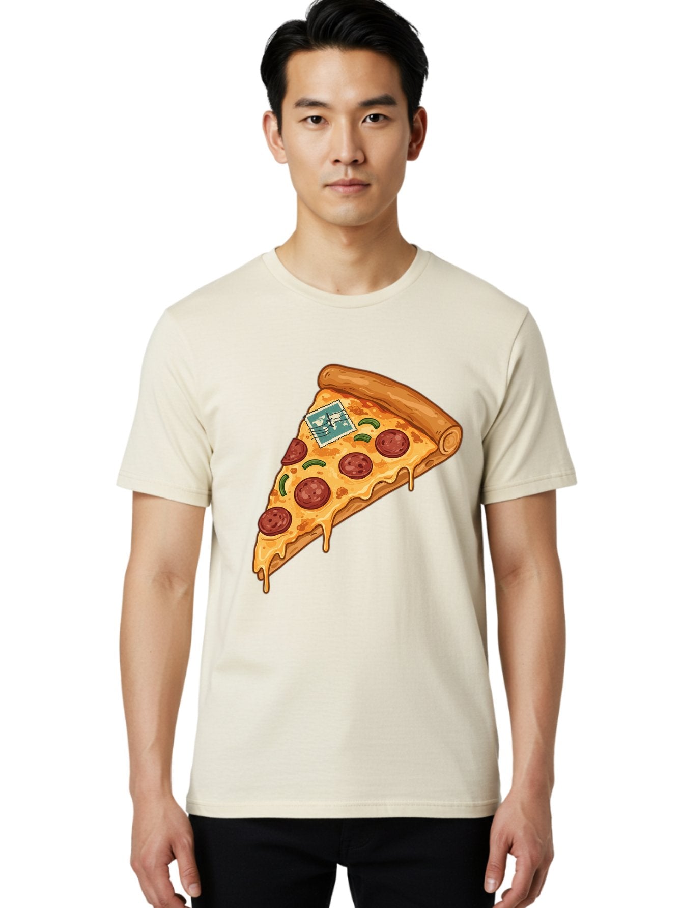 Pizza-Slice-With-Stamp Men'S Graphic Tee, 100% Cotton, Comfortable Casual Summer Wear, Machine Washable, Pizza Slice, Pepperoni Pizza, Cheese Pizza, Melted Cheese, Postage Stamp, Cartoon Food, Illustration, Tasty Food, Savory Dish, Bac311 20
