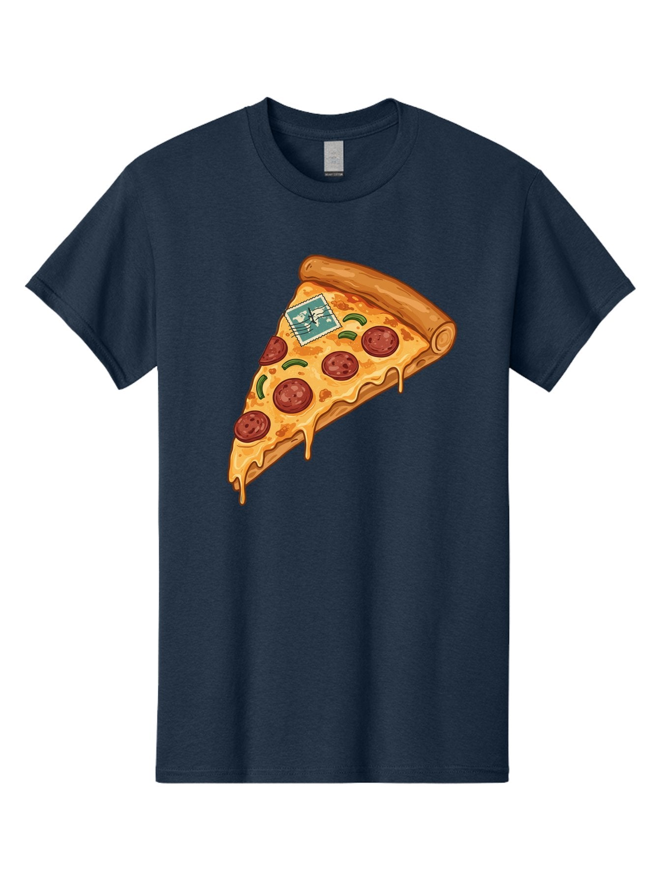 Pizza-Slice-With-Stamp Men'S Graphic Tee, 100% Cotton, Comfortable Casual Summer Wear, Machine Washable, Pizza Slice, Pepperoni Pizza, Cheese Pizza, Melted Cheese, Postage Stamp, Cartoon Food, Illustration, Tasty Food, Savory Dish, Bac311 11