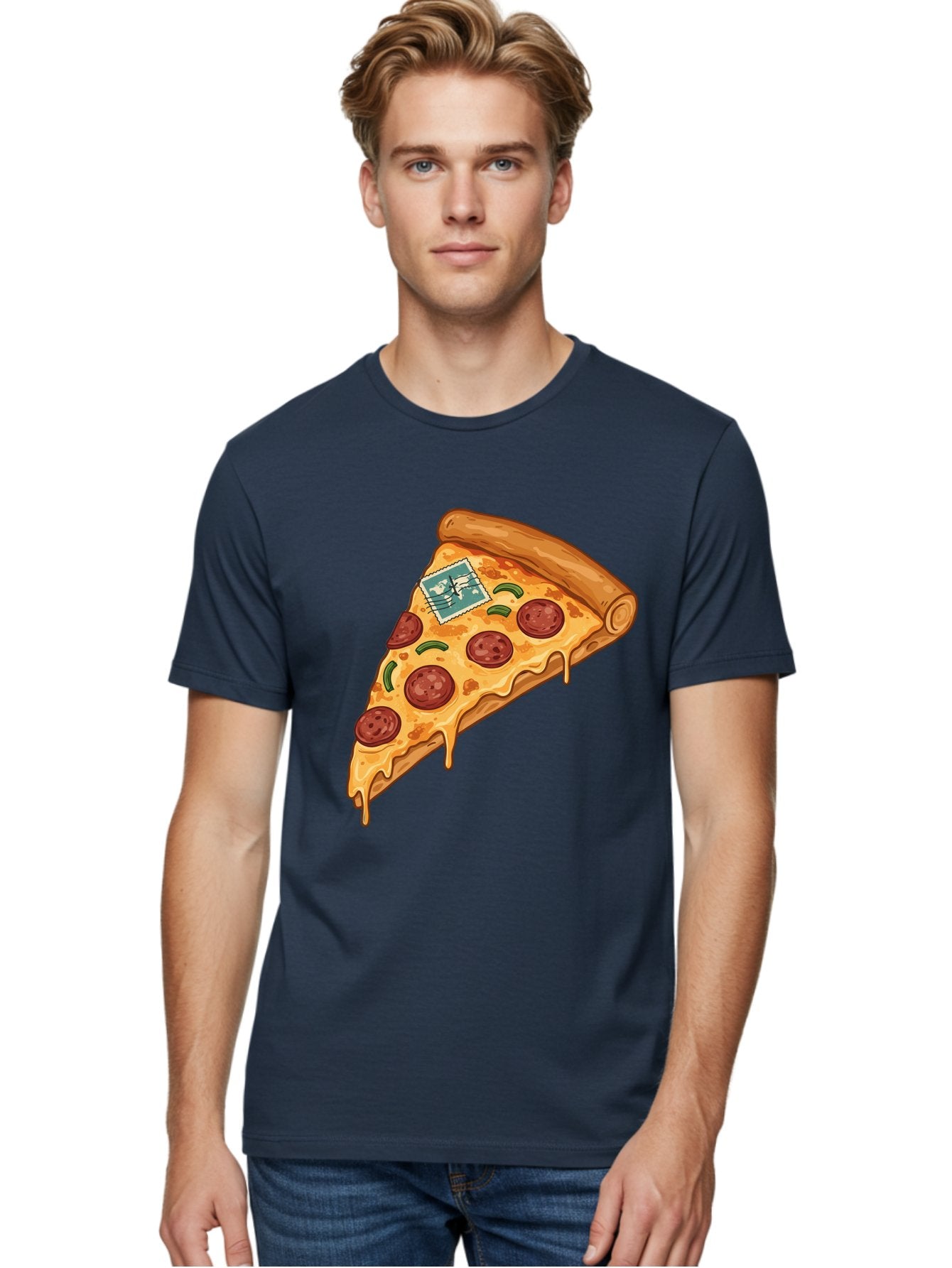 Pizza-Slice-With-Stamp Men'S Graphic Tee, 100% Cotton, Comfortable Casual Summer Wear, Machine Washable, Pizza Slice, Pepperoni Pizza, Cheese Pizza, Melted Cheese, Postage Stamp, Cartoon Food, Illustration, Tasty Food, Savory Dish, Bac311 27
