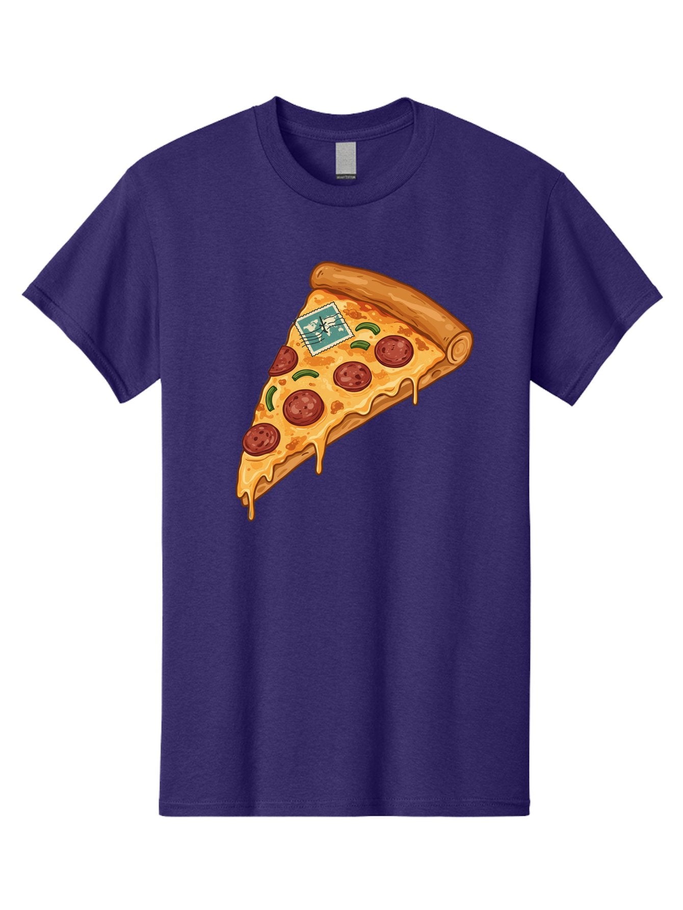 Pizza-Slice-With-Stamp Men'S Graphic Tee, 100% Cotton, Comfortable Casual Summer Wear, Machine Washable, Pizza Slice, Pepperoni Pizza, Cheese Pizza, Melted Cheese, Postage Stamp, Cartoon Food, Illustration, Tasty Food, Savory Dish, Bac311 14