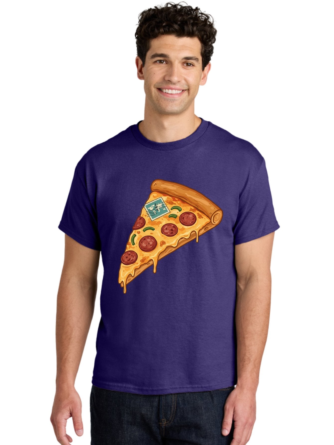 Pizza-Slice-With-Stamp Men'S Graphic Tee, 100% Cotton, Comfortable Casual Summer Wear, Machine Washable, Pizza Slice, Pepperoni Pizza, Cheese Pizza, Melted Cheese, Postage Stamp, Cartoon Food, Illustration, Tasty Food, Savory Dish, Bac311 29