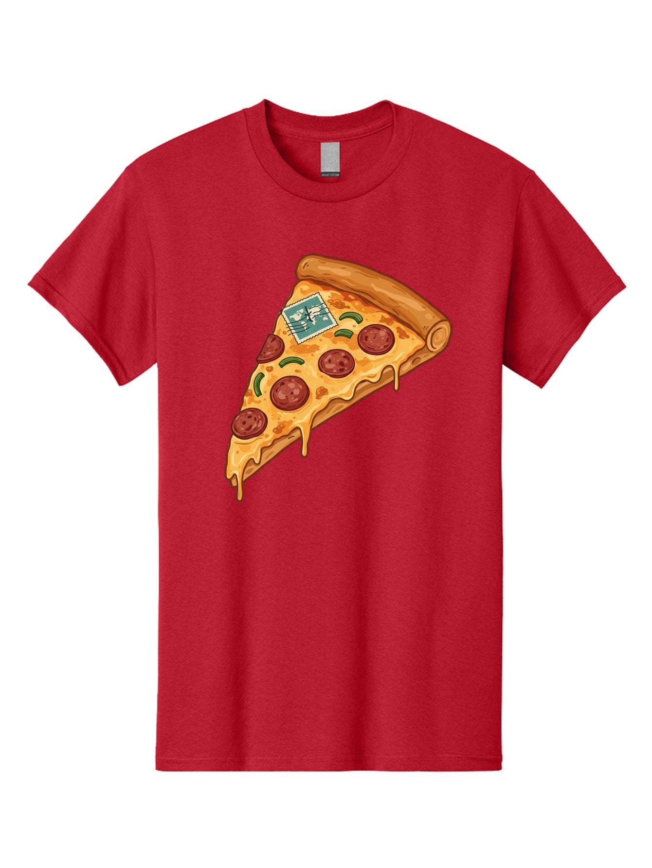 Pizza-Slice-With-Stamp Men'S Graphic Tee, 100% Cotton, Comfortable Casual Summer Wear, Machine Washable, Pizza Slice, Pepperoni Pizza, Cheese Pizza, Melted Cheese, Postage Stamp, Cartoon Food, Illustration, Tasty Food, Savory Dish, Bac311 5