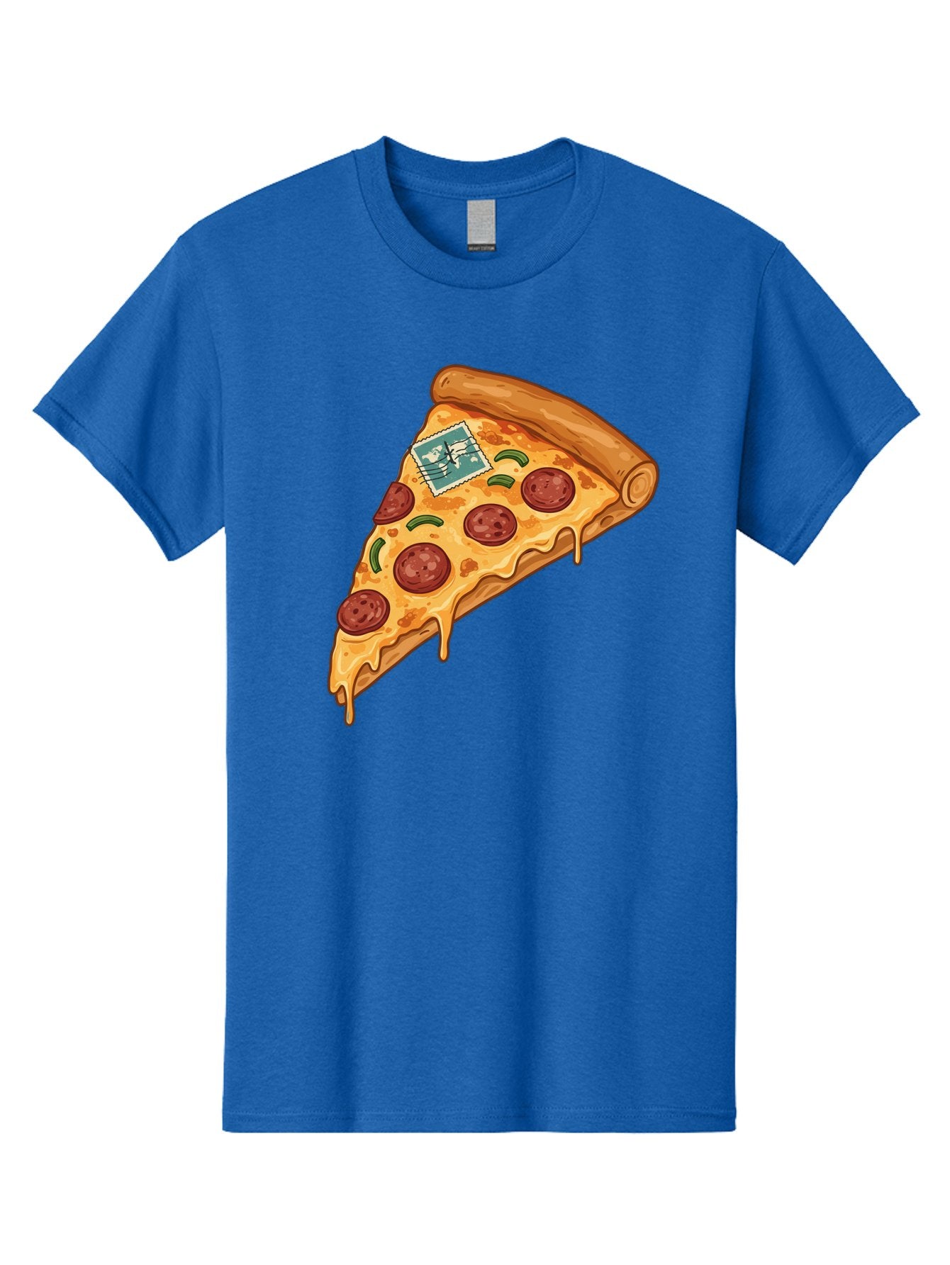 Pizza-Slice-With-Stamp Men'S Graphic Tee, 100% Cotton, Comfortable Casual Summer Wear, Machine Washable, Pizza Slice, Pepperoni Pizza, Cheese Pizza, Melted Cheese, Postage Stamp, Cartoon Food, Illustration, Tasty Food, Savory Dish, Bac311