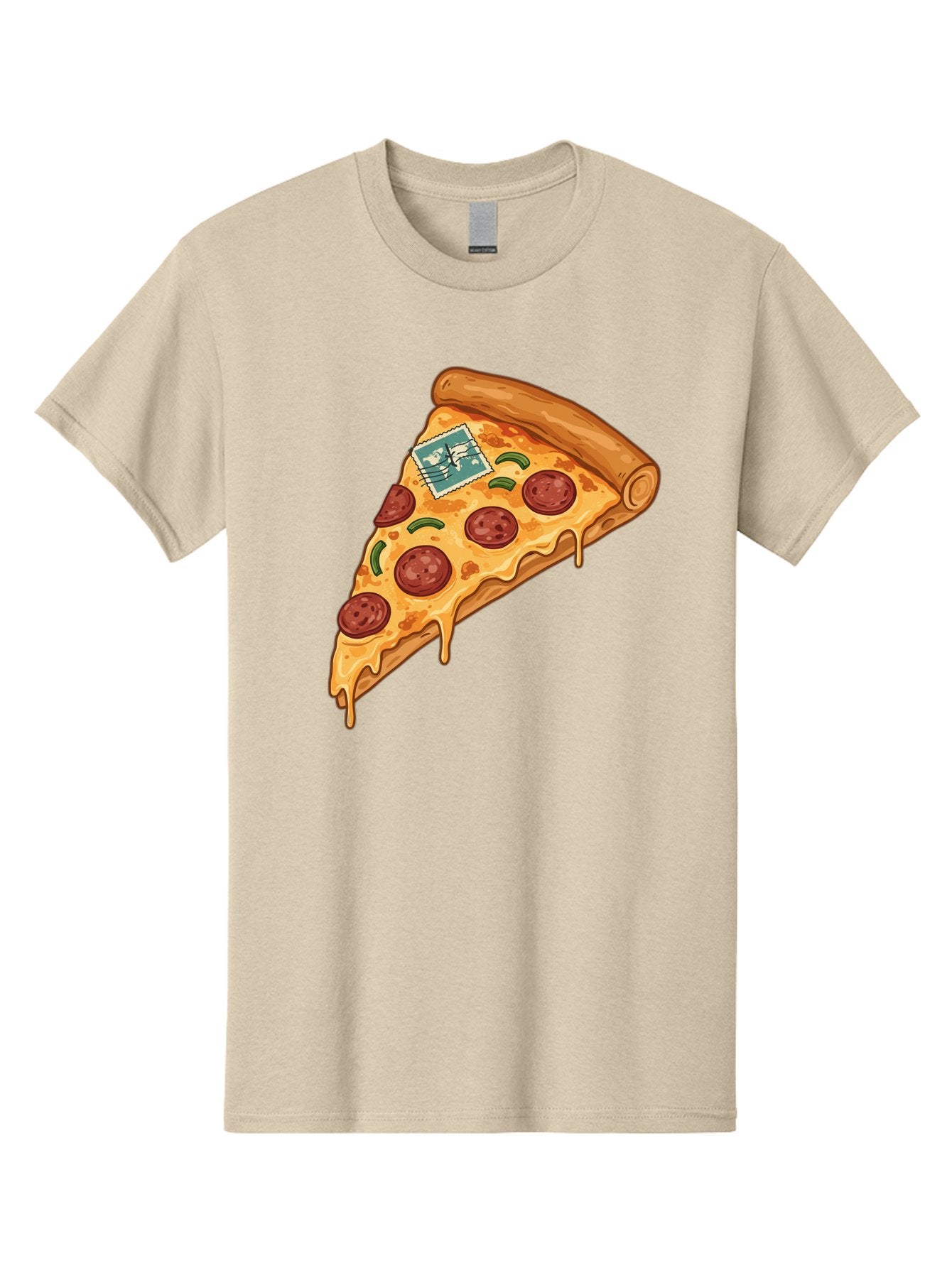 Pizza-Slice-With-Stamp Men'S Graphic Tee, 100% Cotton, Comfortable Casual Summer Wear, Machine Washable, Pizza Slice, Pepperoni Pizza, Cheese Pizza, Melted Cheese, Postage Stamp, Cartoon Food, Illustration, Tasty Food, Savory Dish, Bac311 9