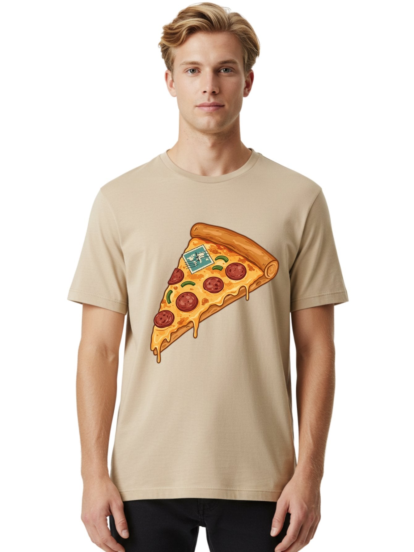 Pizza-Slice-With-Stamp Men'S Graphic Tee, 100% Cotton, Comfortable Casual Summer Wear, Machine Washable, Pizza Slice, Pepperoni Pizza, Cheese Pizza, Melted Cheese, Postage Stamp, Cartoon Food, Illustration, Tasty Food, Savory Dish, Bac311 26