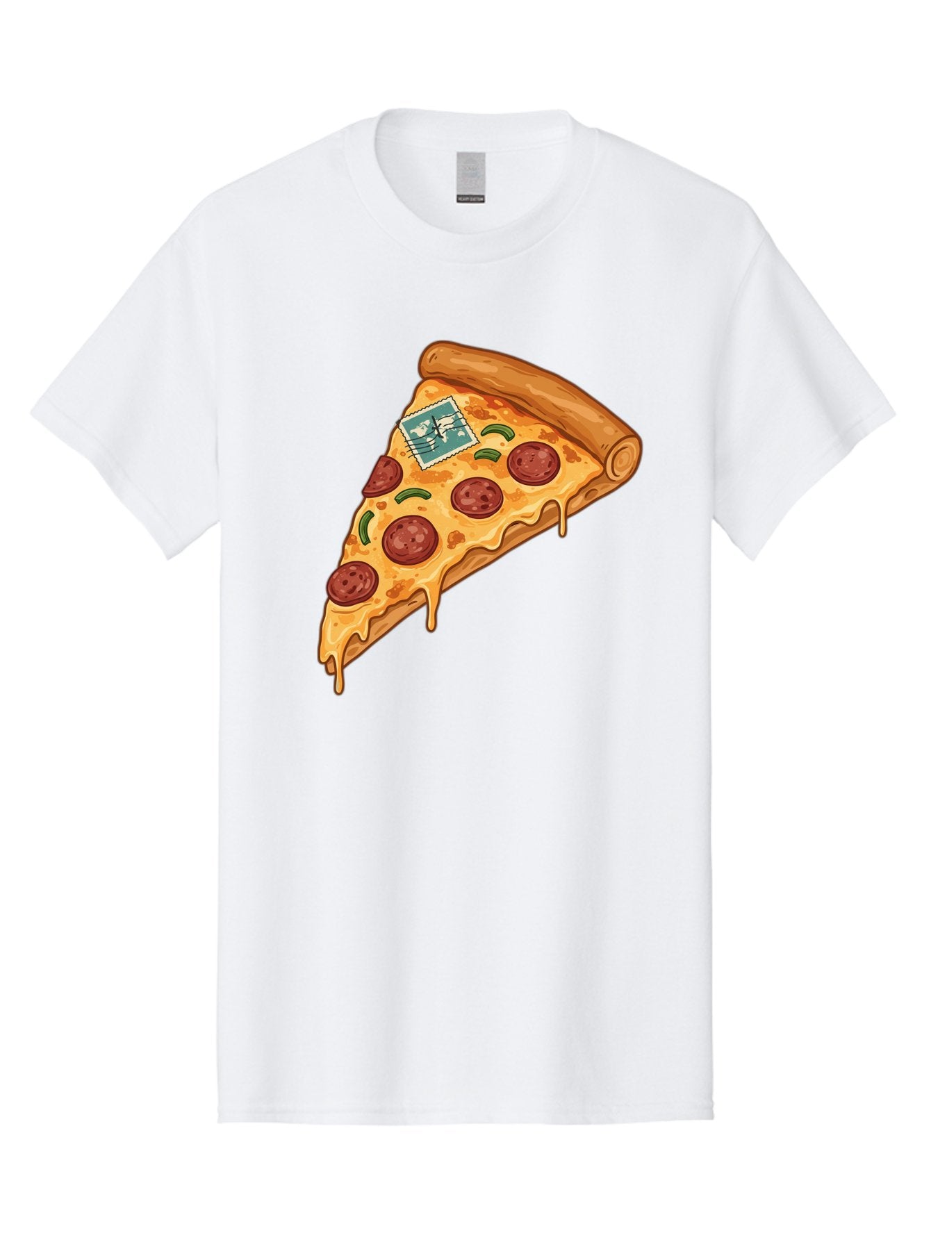 Pizza-Slice-With-Stamp Men'S Graphic Tee, 100% Cotton, Comfortable Casual Summer Wear, Machine Washable, Pizza Slice, Pepperoni Pizza, Cheese Pizza, Melted Cheese, Postage Stamp, Cartoon Food, Illustration, Tasty Food, Savory Dish, Bac311 7