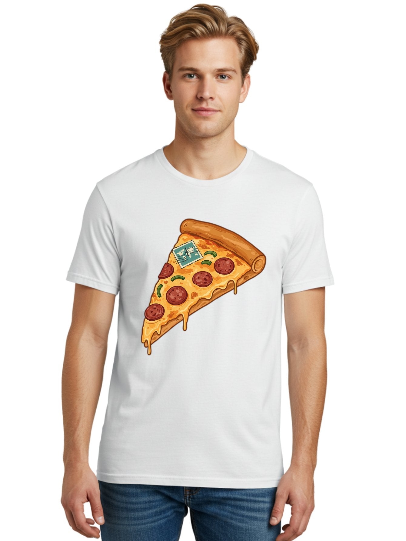 Pizza-Slice-With-Stamp Men'S Graphic Tee, 100% Cotton, Comfortable Casual Summer Wear, Machine Washable, Pizza Slice, Pepperoni Pizza, Cheese Pizza, Melted Cheese, Postage Stamp, Cartoon Food, Illustration, Tasty Food, Savory Dish, Bac311 16
