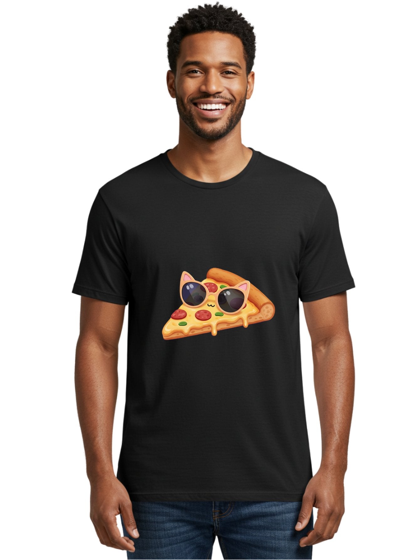 Pizza-Slice-With-Sunglasses-2 Men'S Graphic Tee, 100% Cotton, Comfortable Casual Summer Wear, Machine Washable, Pizza Slice Character, Cat Ears, Sunglasses, Pepperoni Pizza, Cheese Melting, Cartoon Style, Fun Design, Kawaii Art Bac313 28