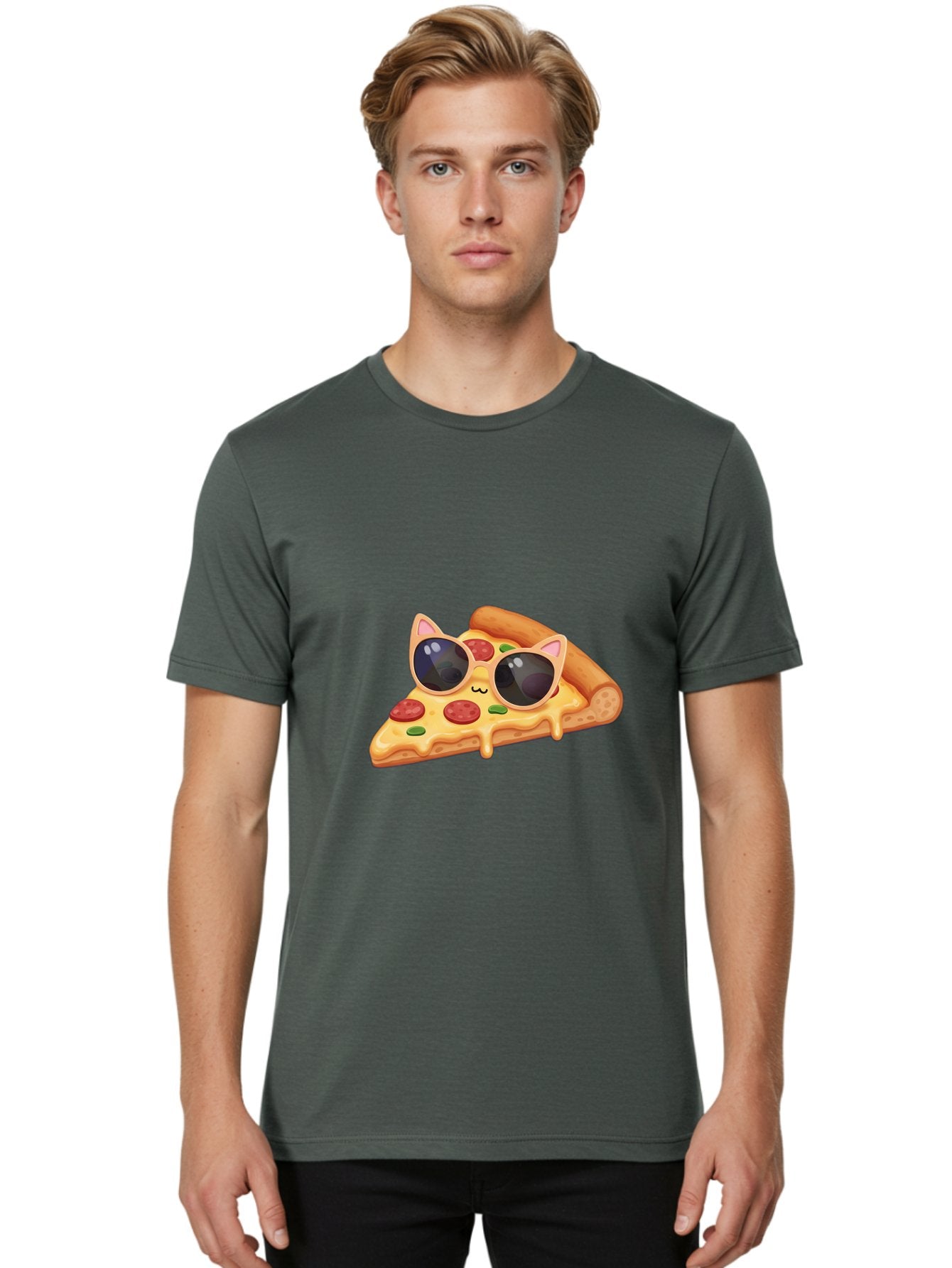 Pizza-Slice-With-Sunglasses-2 Men'S Graphic Tee, 100% Cotton, Comfortable Casual Summer Wear, Machine Washable, Pizza Slice Character, Cat Ears, Sunglasses, Pepperoni Pizza, Cheese Melting, Cartoon Style, Fun Design, Kawaii Art Bac313 22