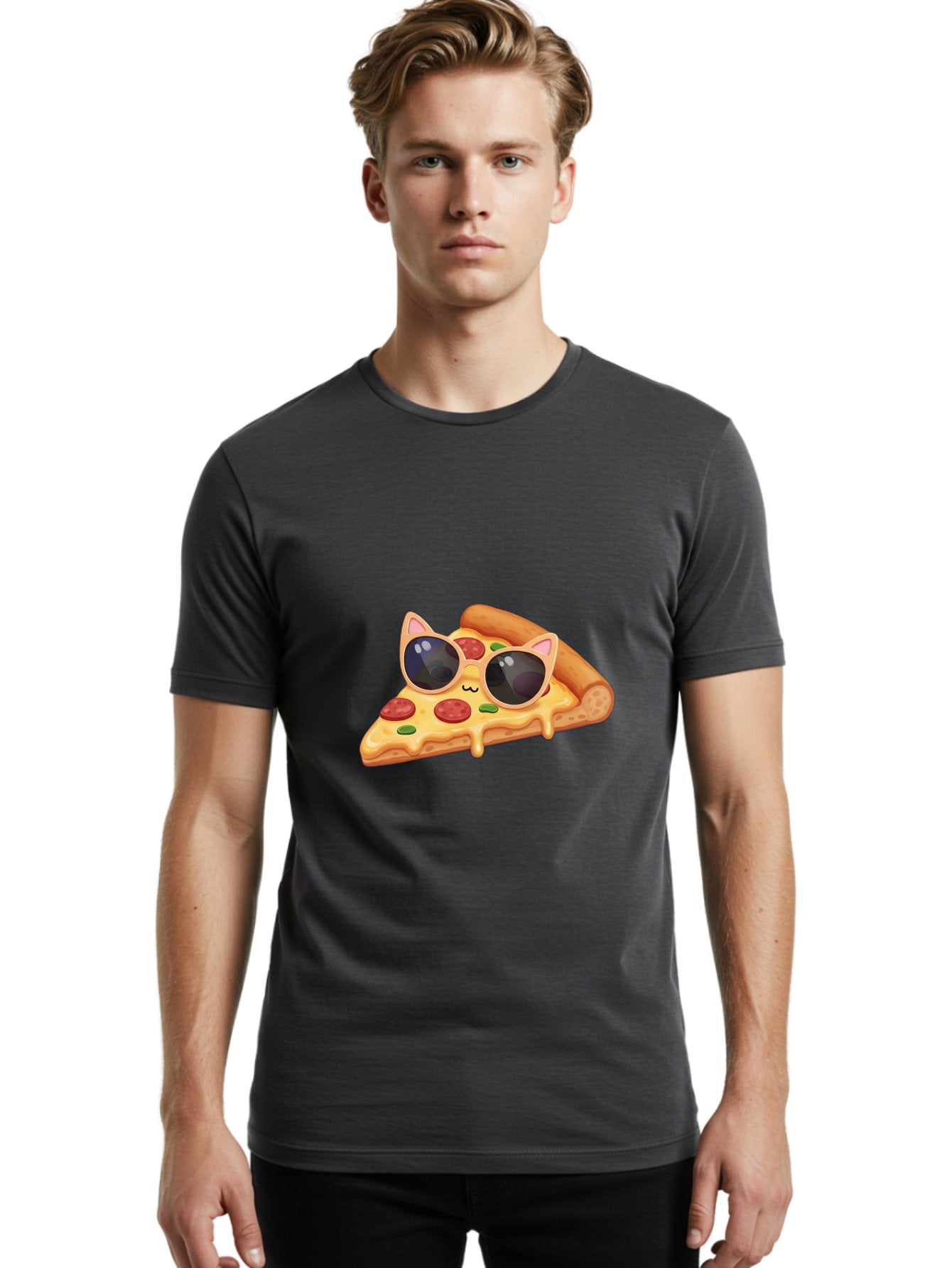 Pizza-Slice-With-Sunglasses-2 Men'S Graphic Tee, 100% Cotton, Comfortable Casual Summer Wear, Machine Washable, Pizza Slice Character, Cat Ears, Sunglasses, Pepperoni Pizza, Cheese Melting, Cartoon Style, Fun Design, Kawaii Art Bac313 17
