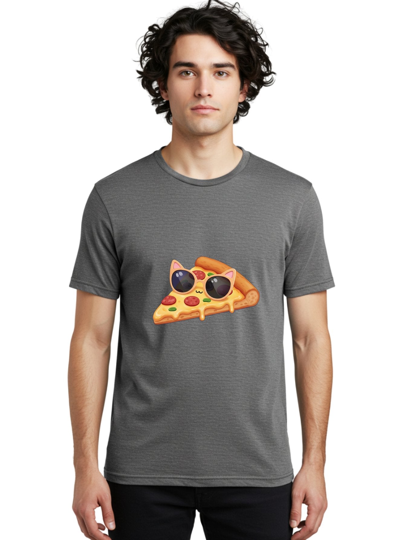 Pizza-Slice-With-Sunglasses-2 Men'S Graphic Tee, 100% Cotton, Comfortable Casual Summer Wear, Machine Washable, Pizza Slice Character, Cat Ears, Sunglasses, Pepperoni Pizza, Cheese Melting, Cartoon Style, Fun Design, Kawaii Art Bac313 27